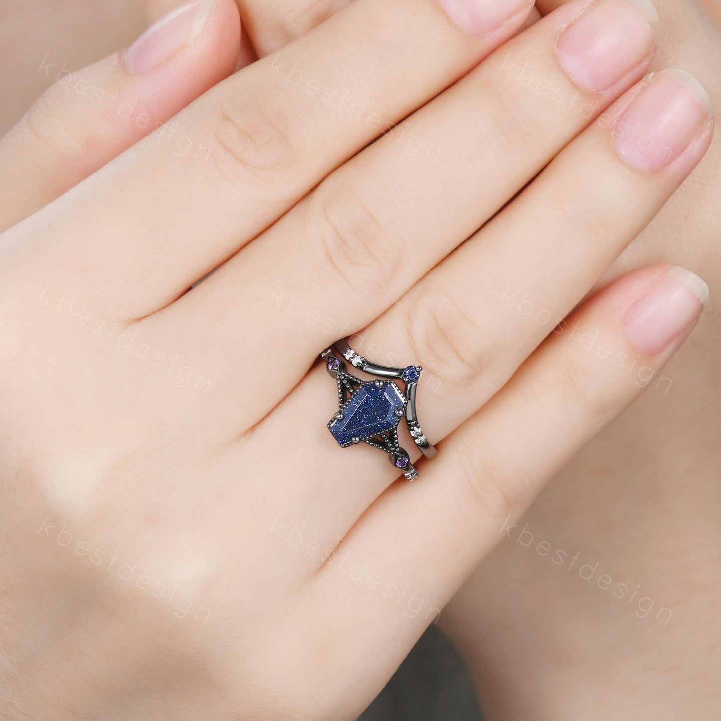 Vintage Coffin cut Blue Sandstone Engagement Ring Art Deco Galaxy Wedding Ring Gothic Black Gold Ring Unique Bridal Promise Set