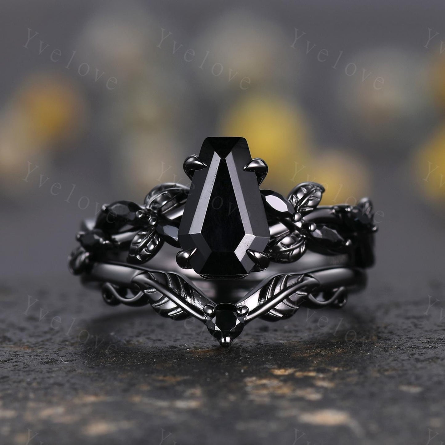 Coffin Shape Black Onyx Ring,Vintage Twig Vine Leaf Ring,Antique Black Onyx Bridal Promise Ring Set Nature Inspired Black Gold band