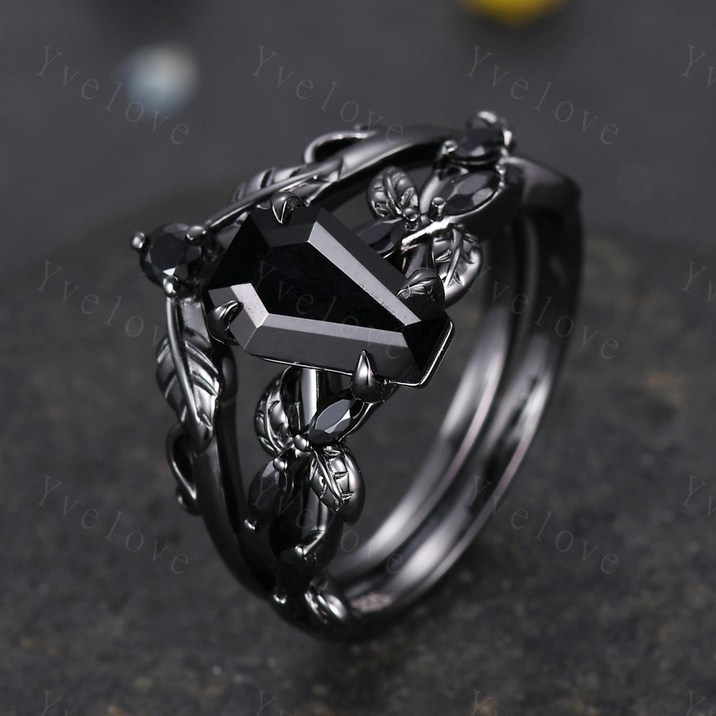 Coffin Shape Black Onyx Ring,Vintage Twig Vine Leaf Ring,Antique Black Onyx Bridal Promise Ring Set Nature Inspired Black Gold band