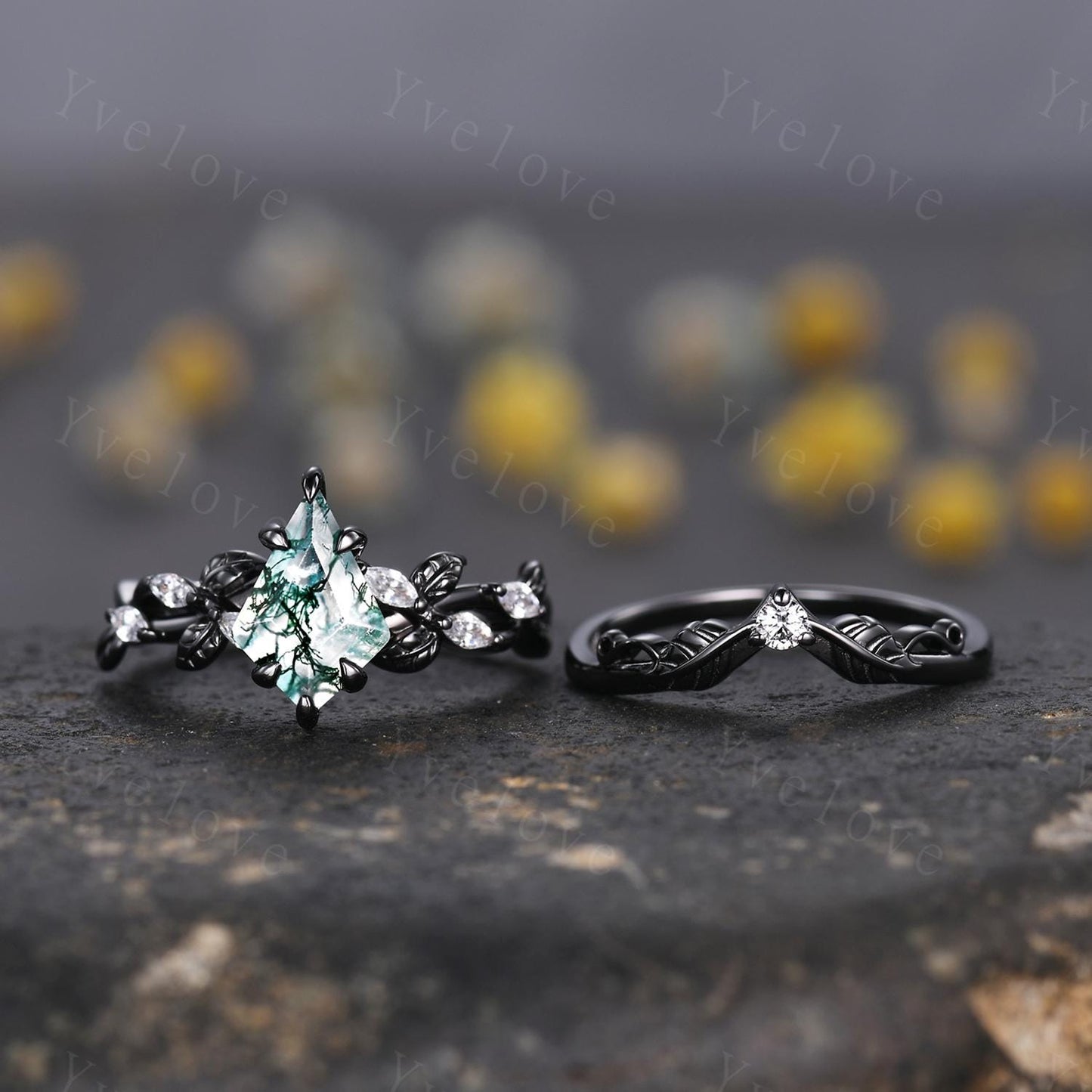 Gothic Kite Shape Moss Agate Ring,Vintage Cluster Vine Leaf Ring,Antique Moissanite Bridal Promise Ring Gift Nature Inspired Black Gold band