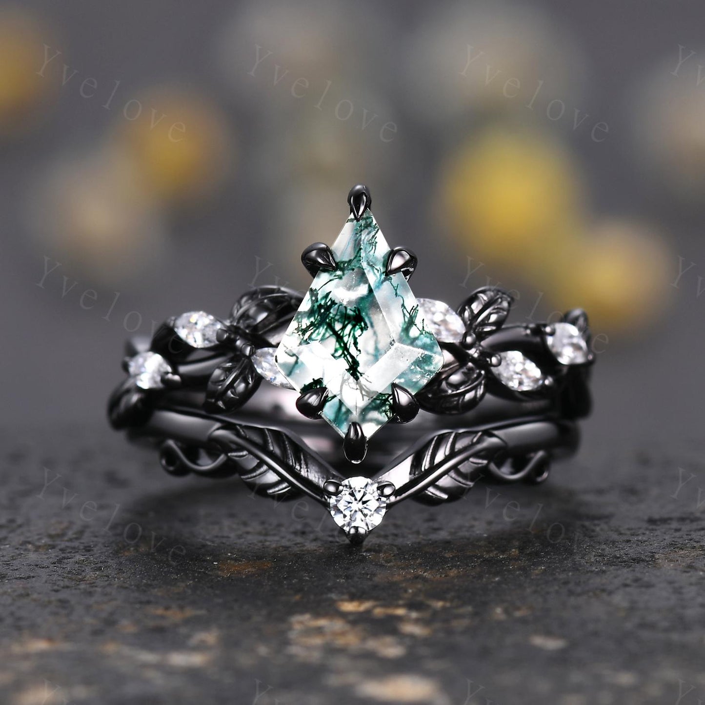 Gothic Kite Cut Moss Agate Ring,Vintage Cluster Vine Leaf Ring,Antique Moissanite Bridal Promise Ring Gift Nature Inspired Black Gold band