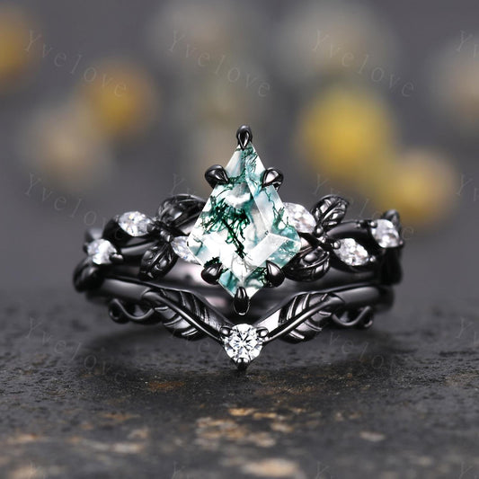 Gothic Kite Shape Moss Agate Ring,Vintage Cluster Vine Leaf Ring,Antique Moissanite Bridal Promise Ring Gift Nature Inspired Black Gold band