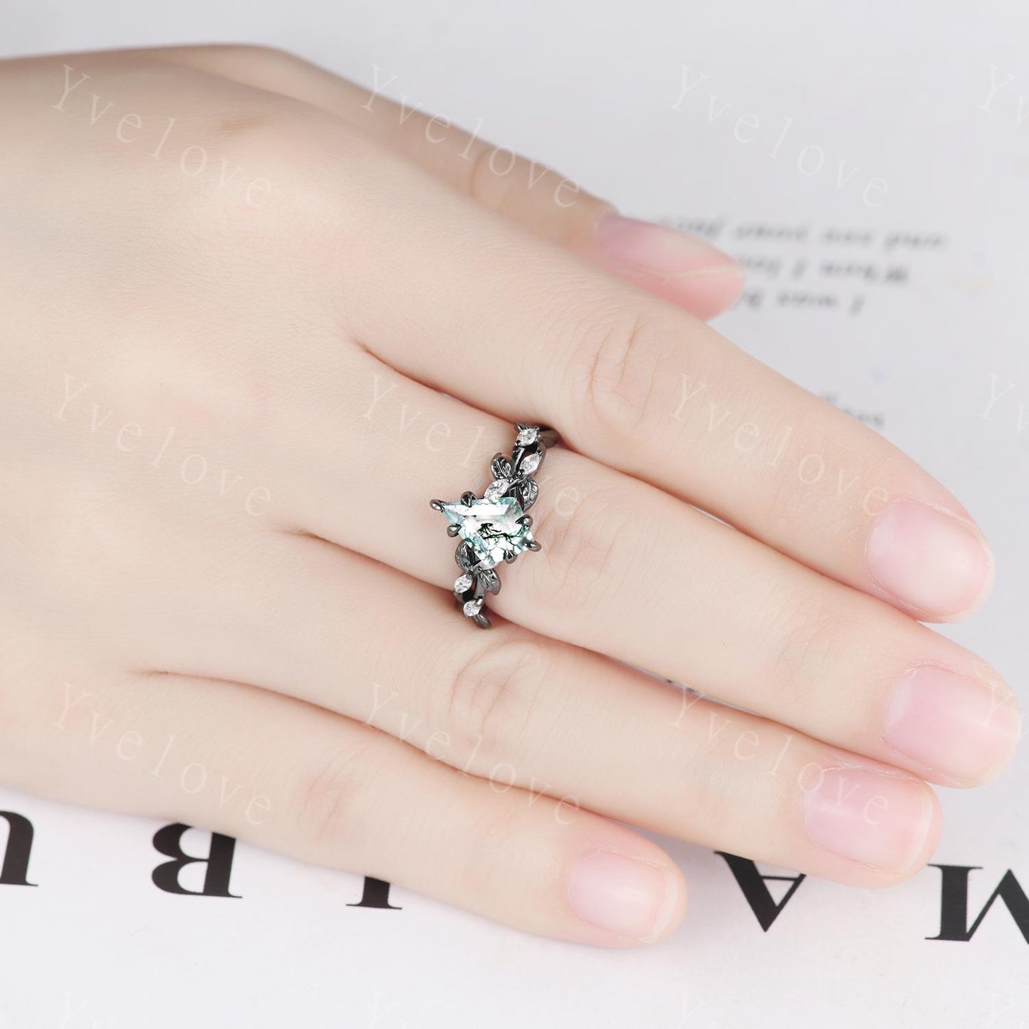 Gothic Kite Cut Moss Agate Ring,Vintage Cluster Vine Leaf Ring,Antique Moissanite Bridal Promise Ring Gift Nature Inspired Black Gold band
