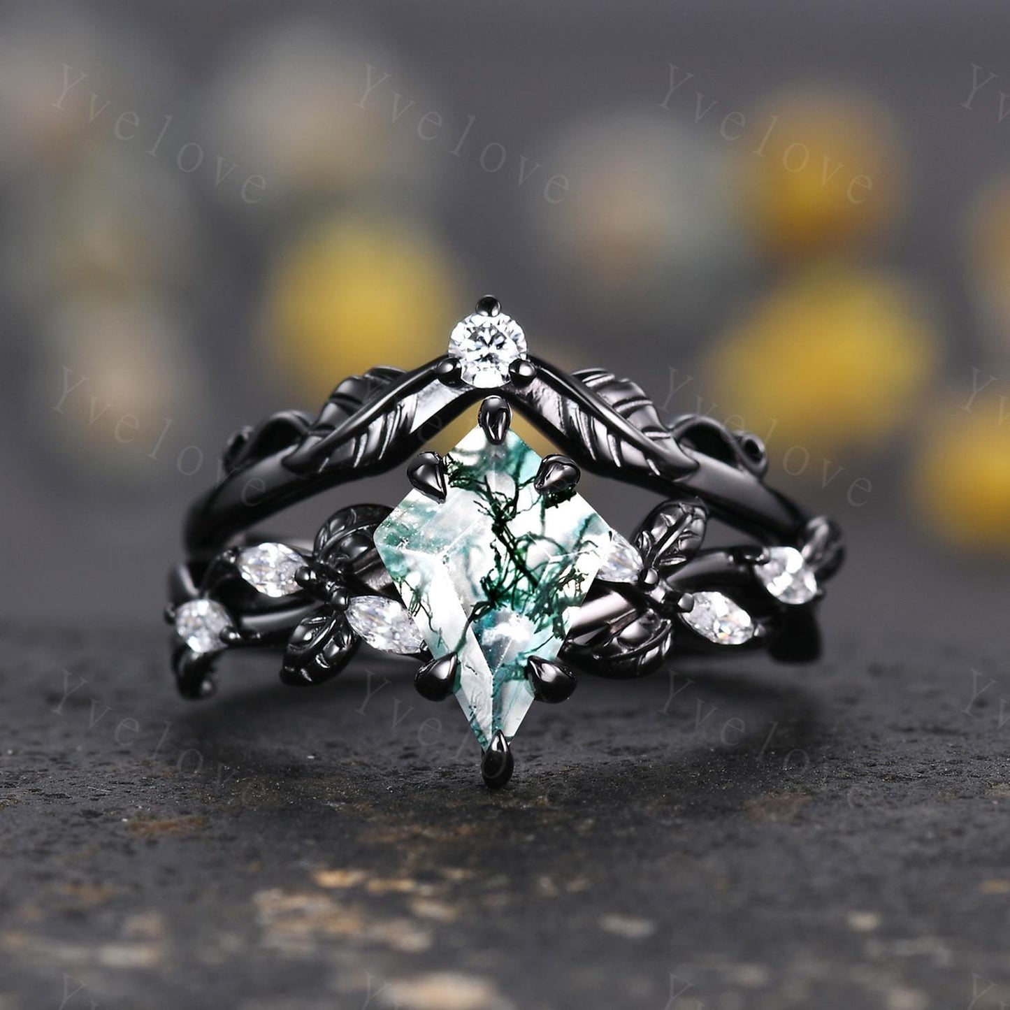 Gothic Kite Shape Moss Agate Ring,Vintage Cluster Vine Leaf Ring,Antique Moissanite Bridal Promise Ring Gift Nature Inspired Black Gold band