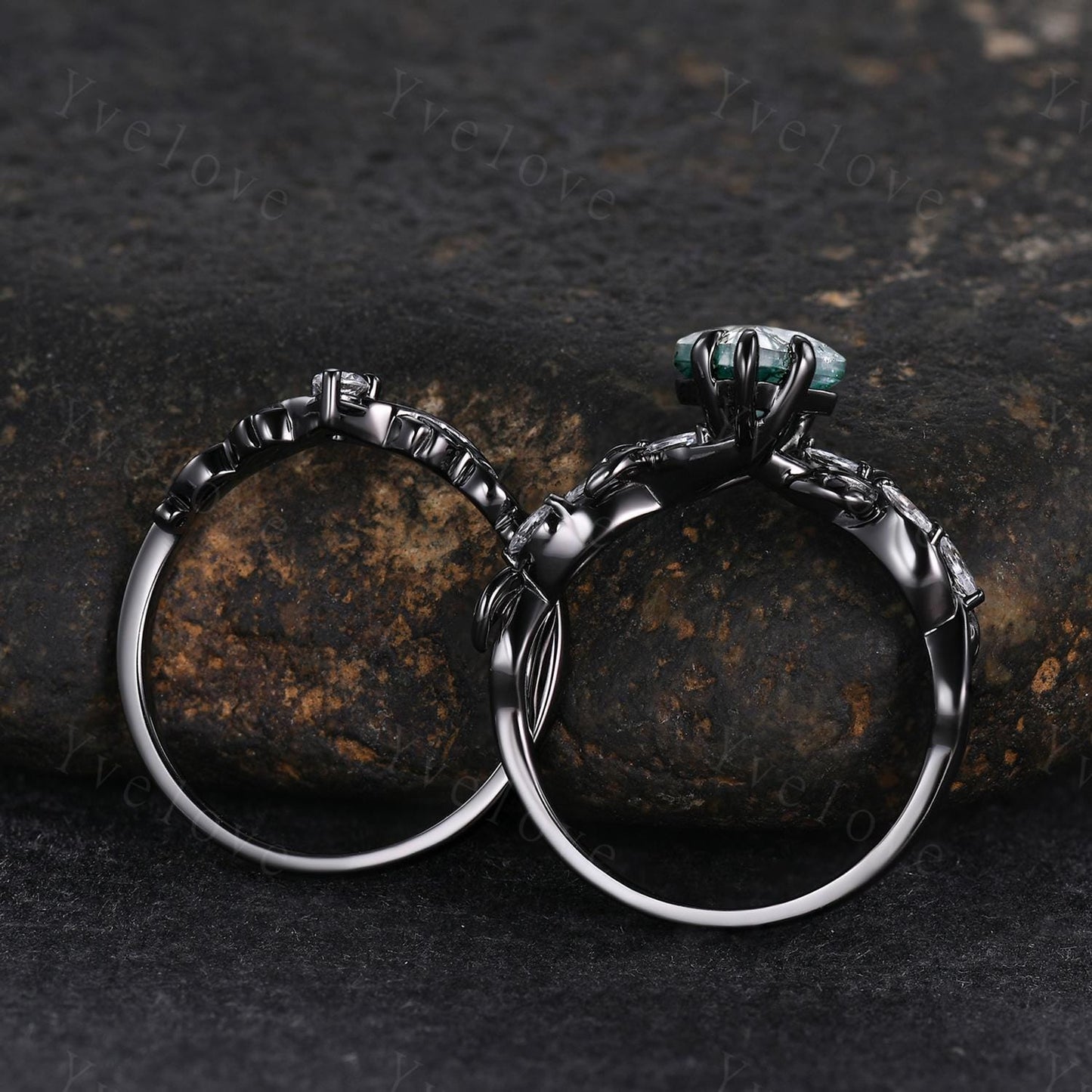 Gothic Kite Shape Moss Agate Ring,Vintage Cluster Vine Leaf Ring,Antique Moissanite Bridal Promise Ring Gift Nature Inspired Black Gold band