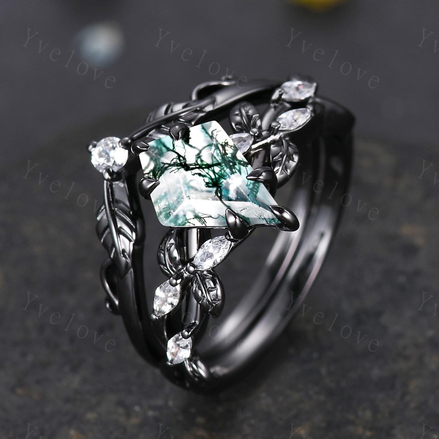 Gothic Kite Shape Moss Agate Ring,Vintage Cluster Vine Leaf Ring,Antique Moissanite Bridal Promise Ring Gift Nature Inspired Black Gold band