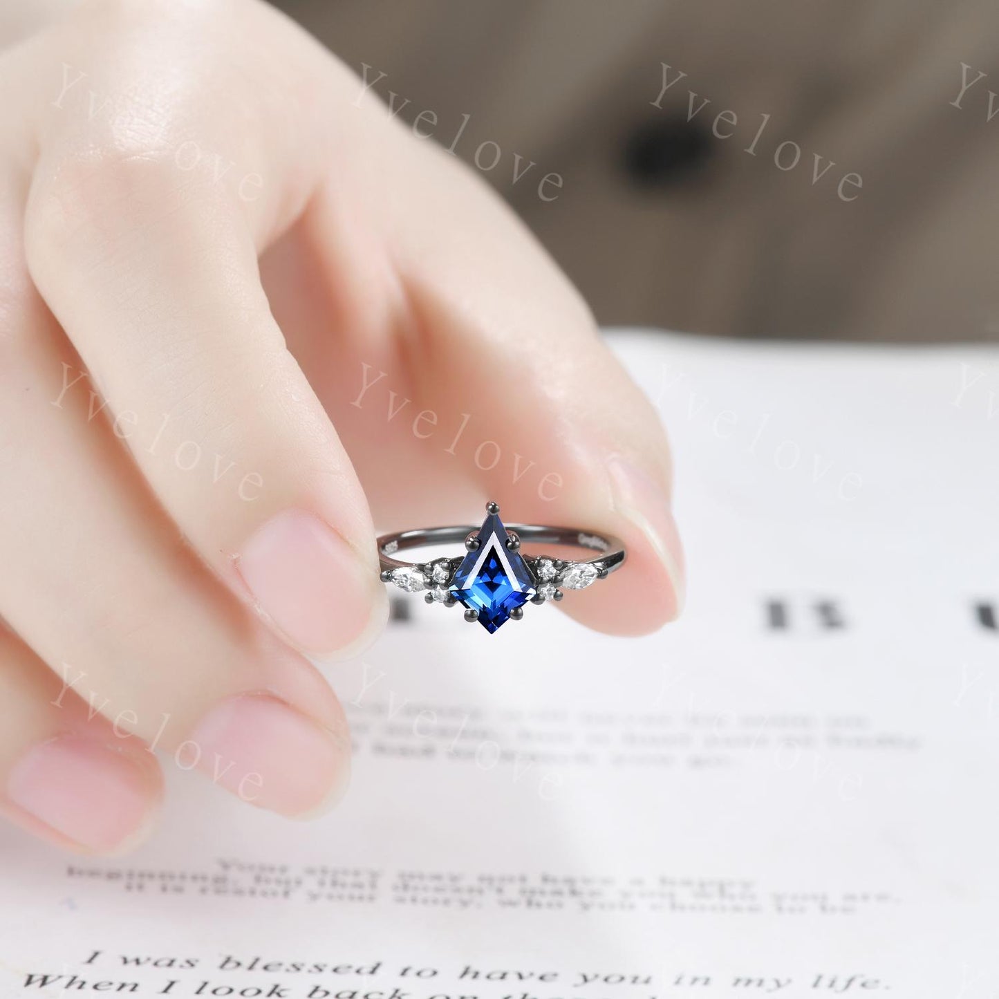 Vintage Kite shaped Blue Sapphire Engagement Ring,Unique Bridal Ring Set,Marquise Moissanite,Black Gold Promise Ring Anniversary Gift Custom