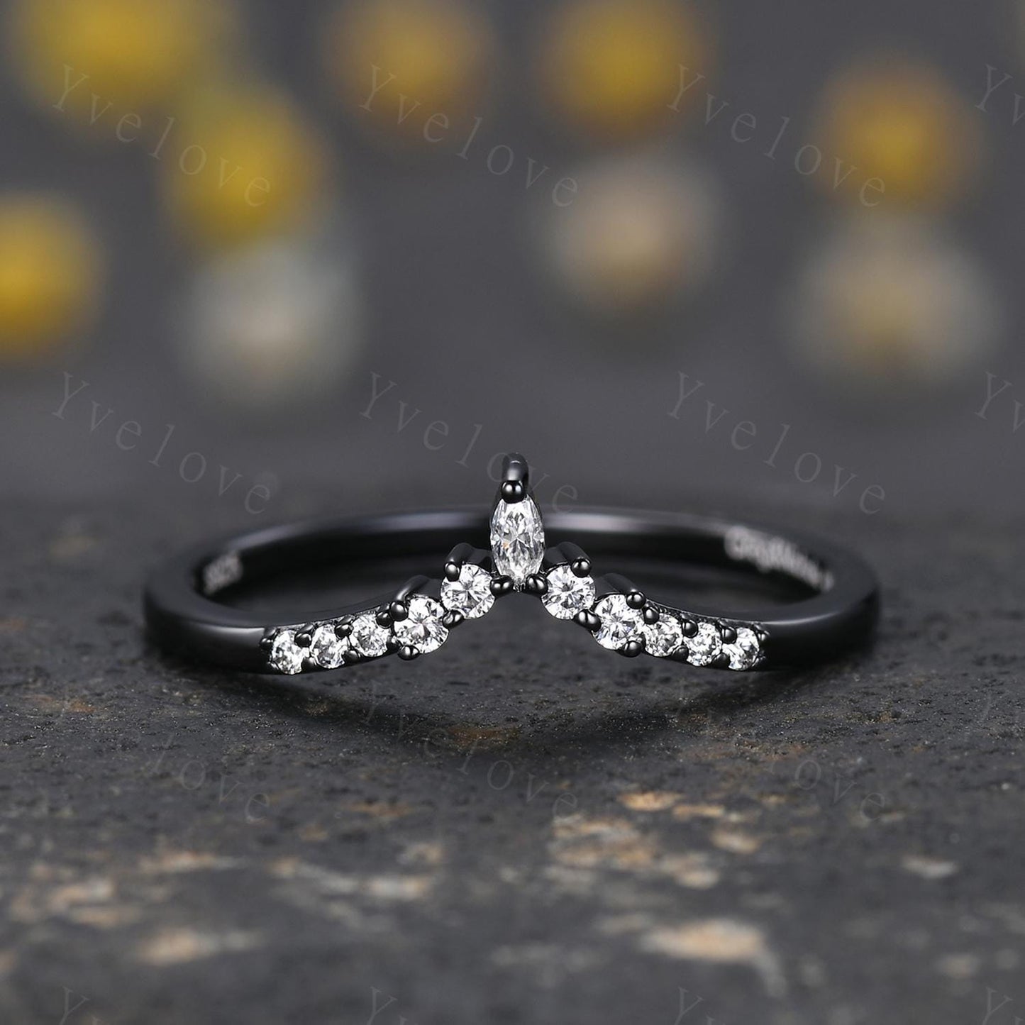 Dainty moissanite wedding band silver black gold wedding band V Curved wedding ring Stacking matching band Bridal Promise band For Women