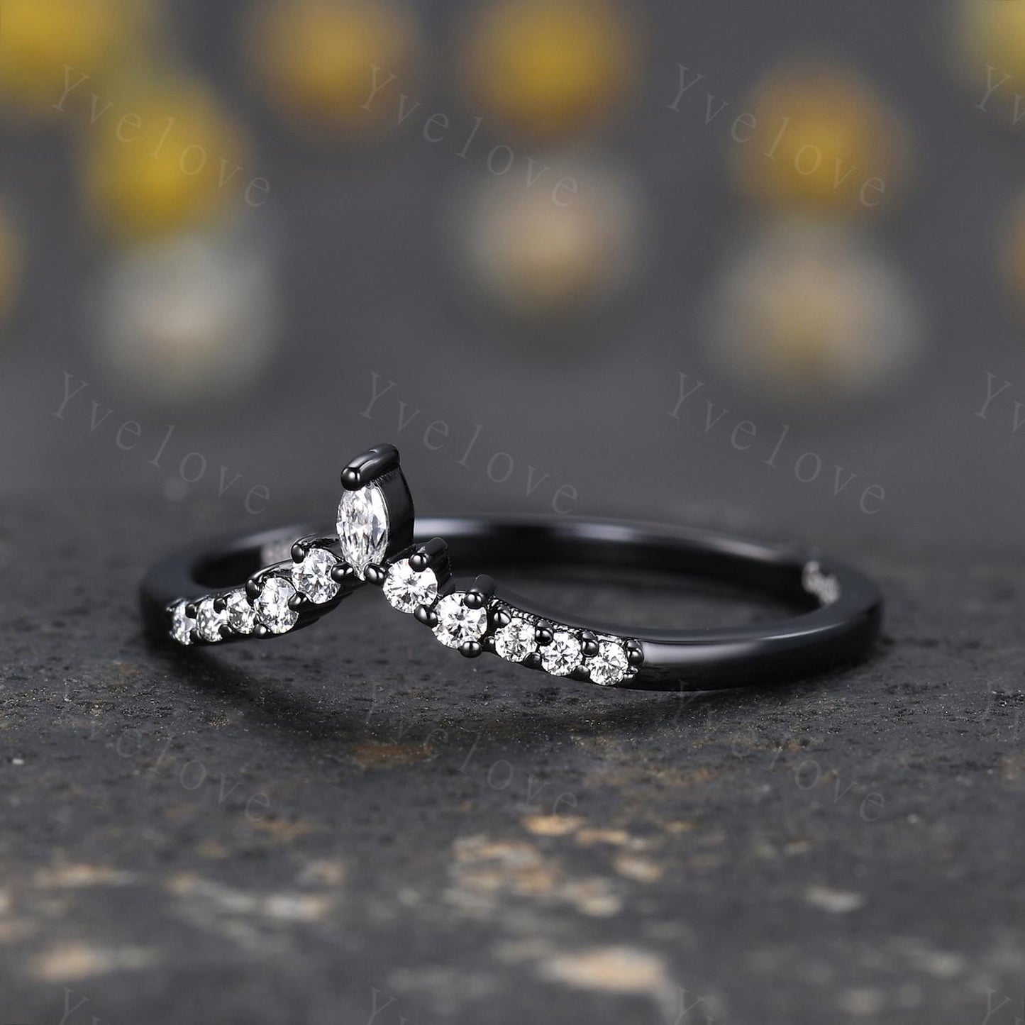 Dainty moissanite wedding band silver black gold wedding band V Curved wedding ring Stacking matching band Bridal Promise band For Women