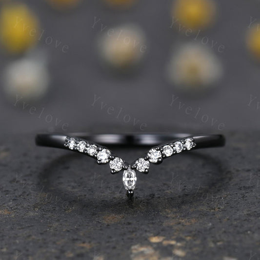 Dainty moissanite wedding band silver black gold wedding band V Curved wedding ring Stacking matching band Bridal Promise band For Women