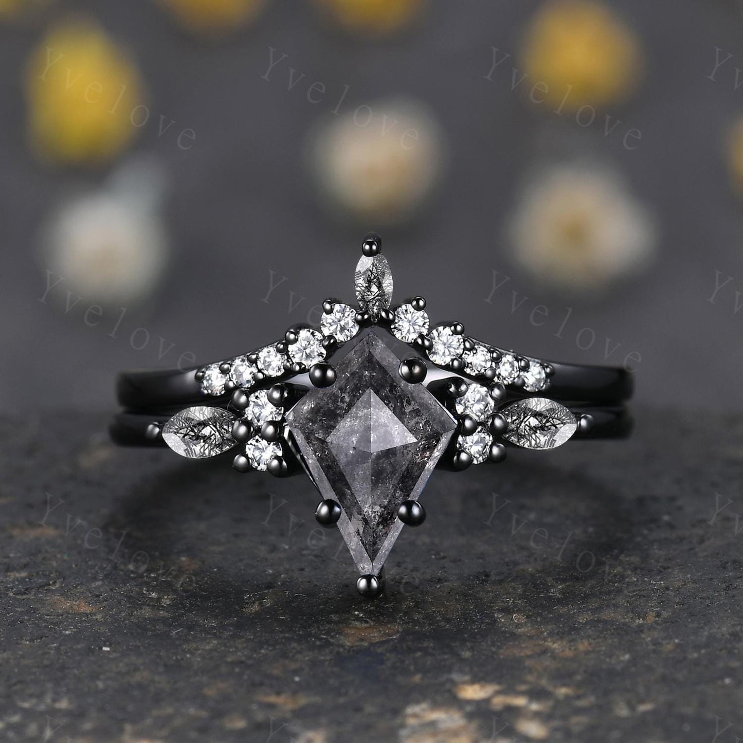 Dainty Kite Cut Salt and Pepper Diamond Engagement Ring Set Antique Black Gold Ring Black Rutilated Quartz Gems Bridal Set Promise Ring