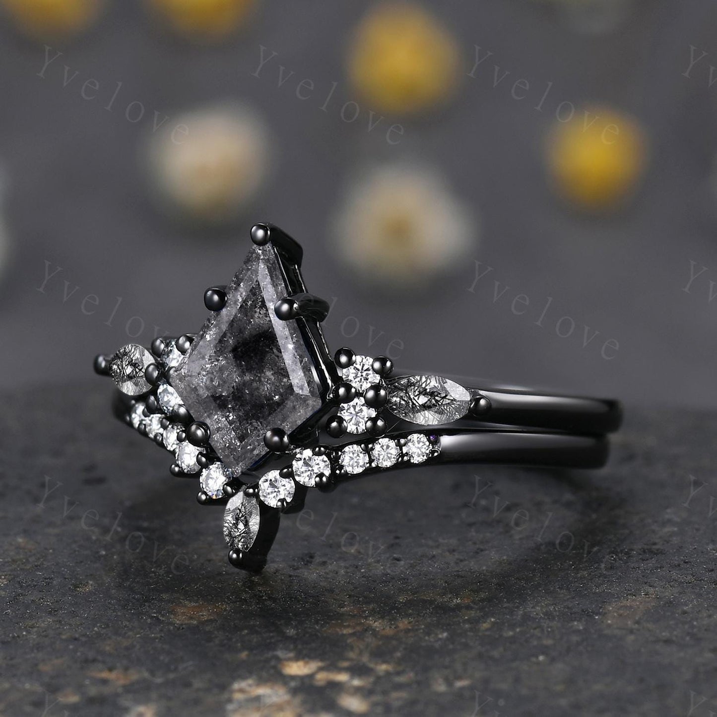 Dainty Kite Cut Salt and Pepper Diamond Engagement Ring Set Antique Black Gold Ring Black Rutilated Quartz Gems Bridal Set Promise Ring