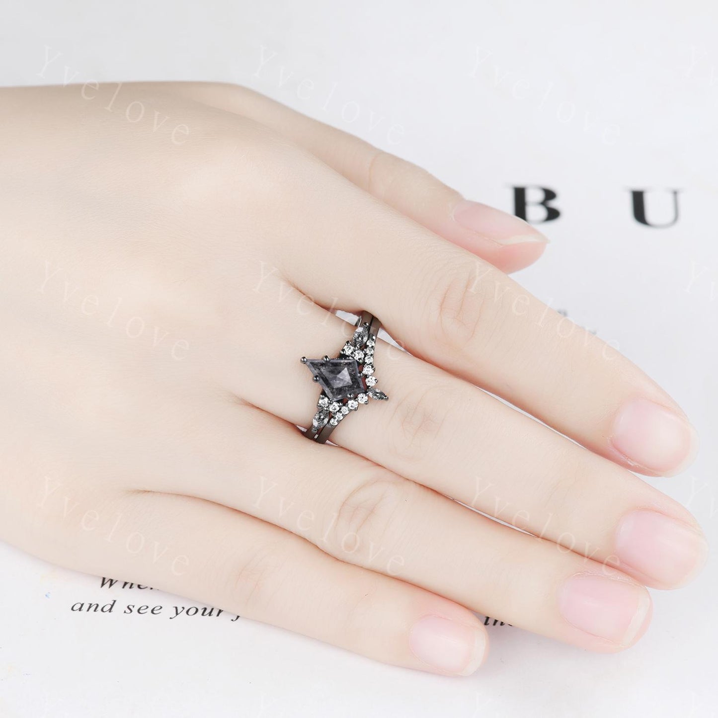 Dainty Kite Cut Salt and Pepper Diamond Engagement Ring Set Antique Black Gold Ring Black Rutilated Quartz Gems Bridal Set Promise Ring