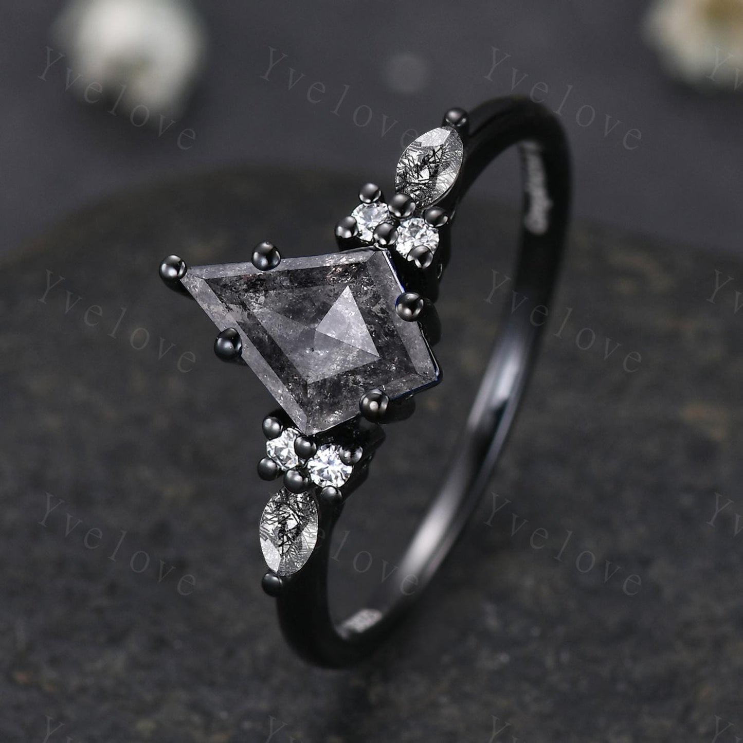 Antique Kite Cut Salt and Pepper Diamond Engagement Ring Black Gold Ring Marquise Black Rutilated Quartz Ring Promise Ring Handmade Gift