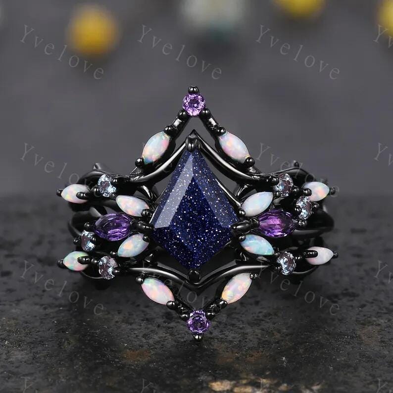 3PCS Vintage Kite Sandstone Engagement Ring Set,Black Gold,Vines Amethyst Opal Ring,Women Bridal Set,Unique Twig Anniversary Promise Gift