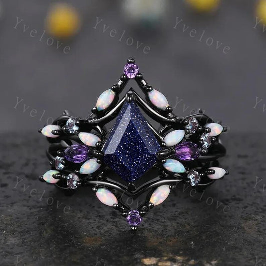 3PCS Vintage Kite Sandstone Engagement Ring Set,Black Gold,Vines Amethyst Opal Ring,Women Bridal Set,Unique Twig Anniversary Promise Gift