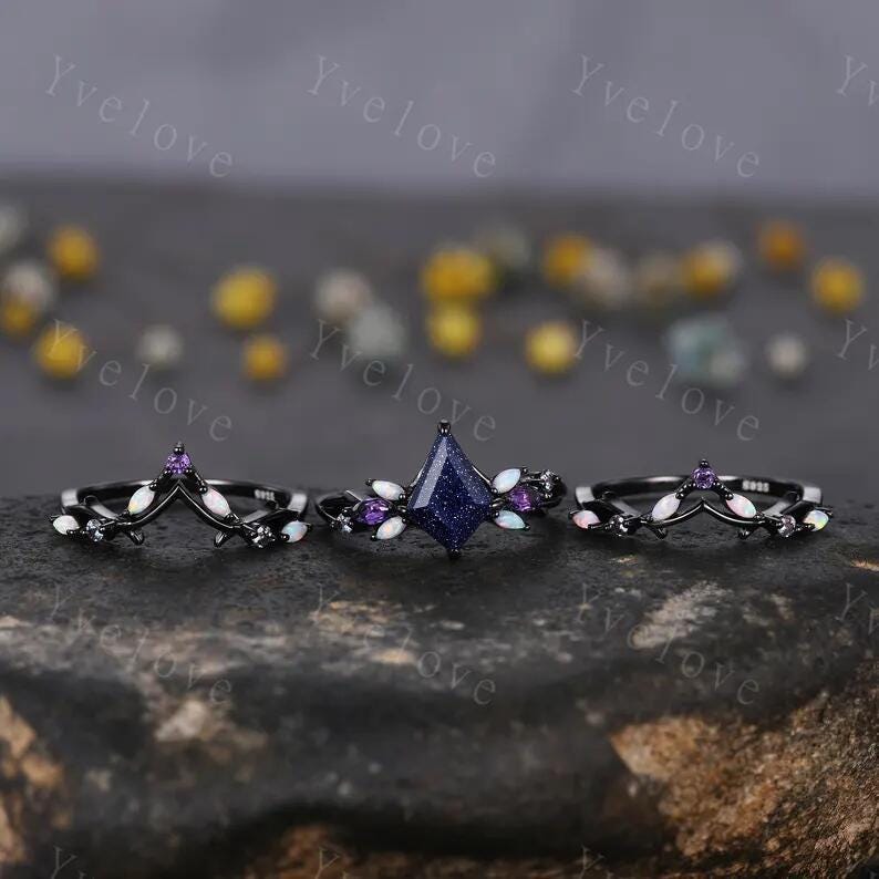 3PCS Vintage Kite Sandstone Engagement Ring Set,Black Gold,Vines Amethyst Opal Ring,Women Bridal Set,Unique Twig Anniversary Promise Gift