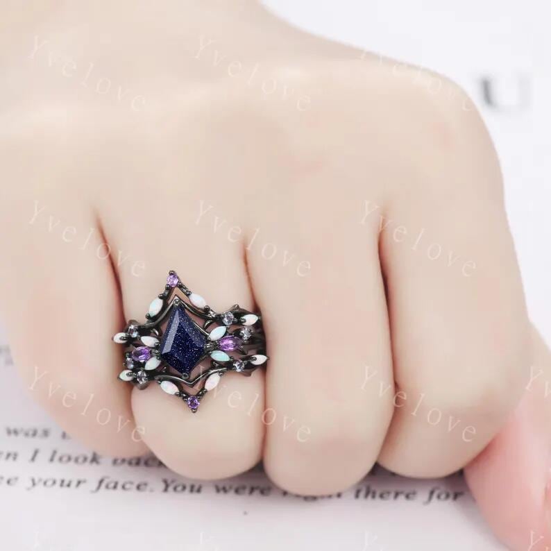 3PCS Vintage Kite Sandstone Engagement Ring Set,Black Gold,Vines Amethyst Opal Ring,Women Bridal Set,Unique Twig Anniversary Promise Gift