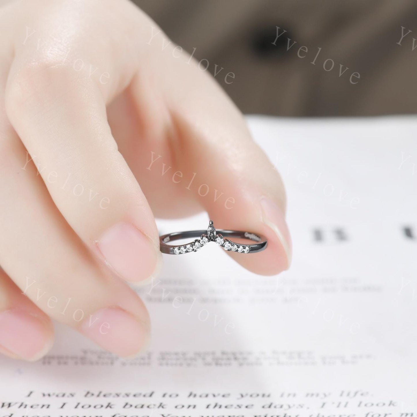 Dainty black rutilated quartz wedding ring silver black gold wedding band Moissanite V Curved  Stacking matching band Bridal Promise band