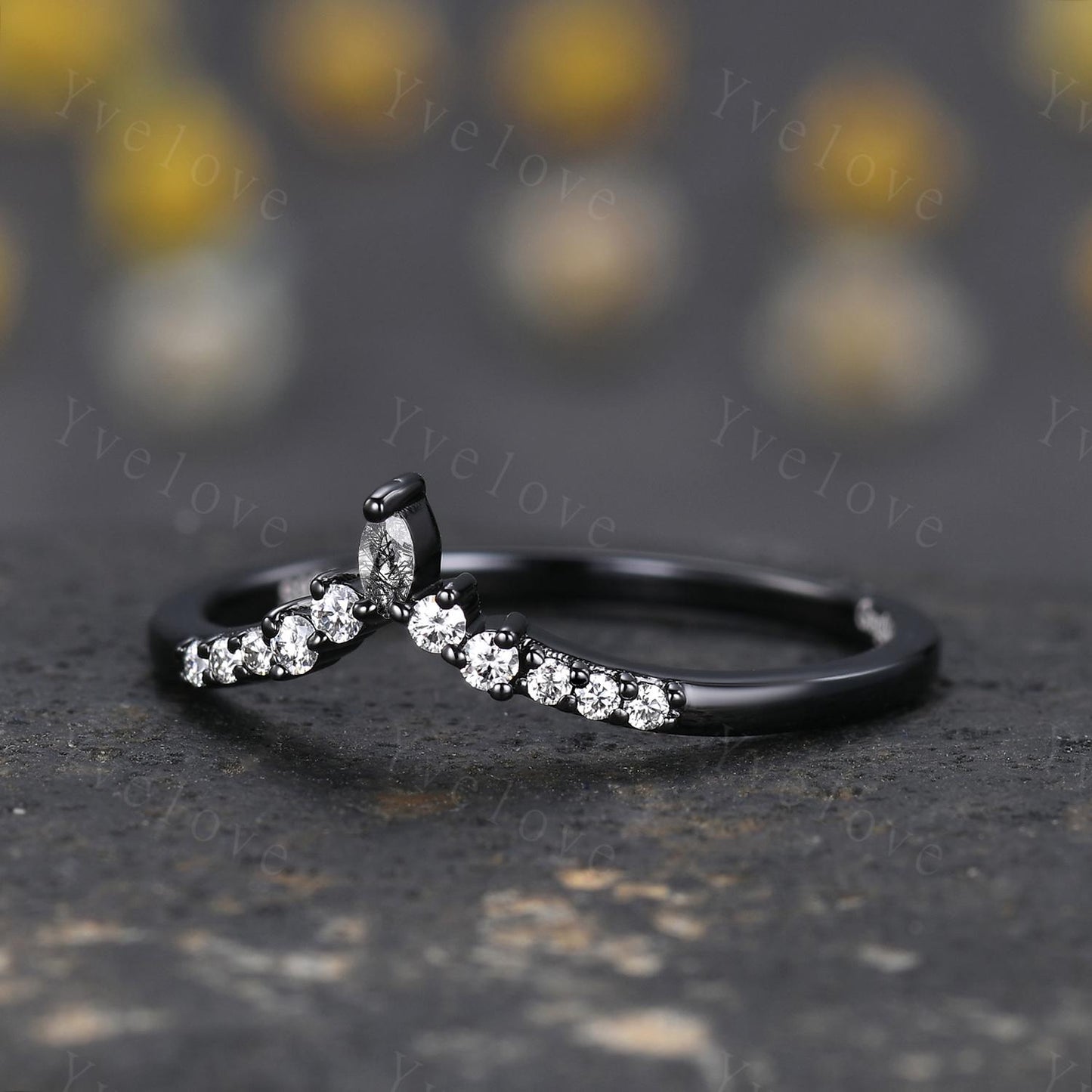 Dainty black rutilated quartz wedding ring silver black gold wedding band Moissanite V Curved  Stacking matching band Bridal Promise band