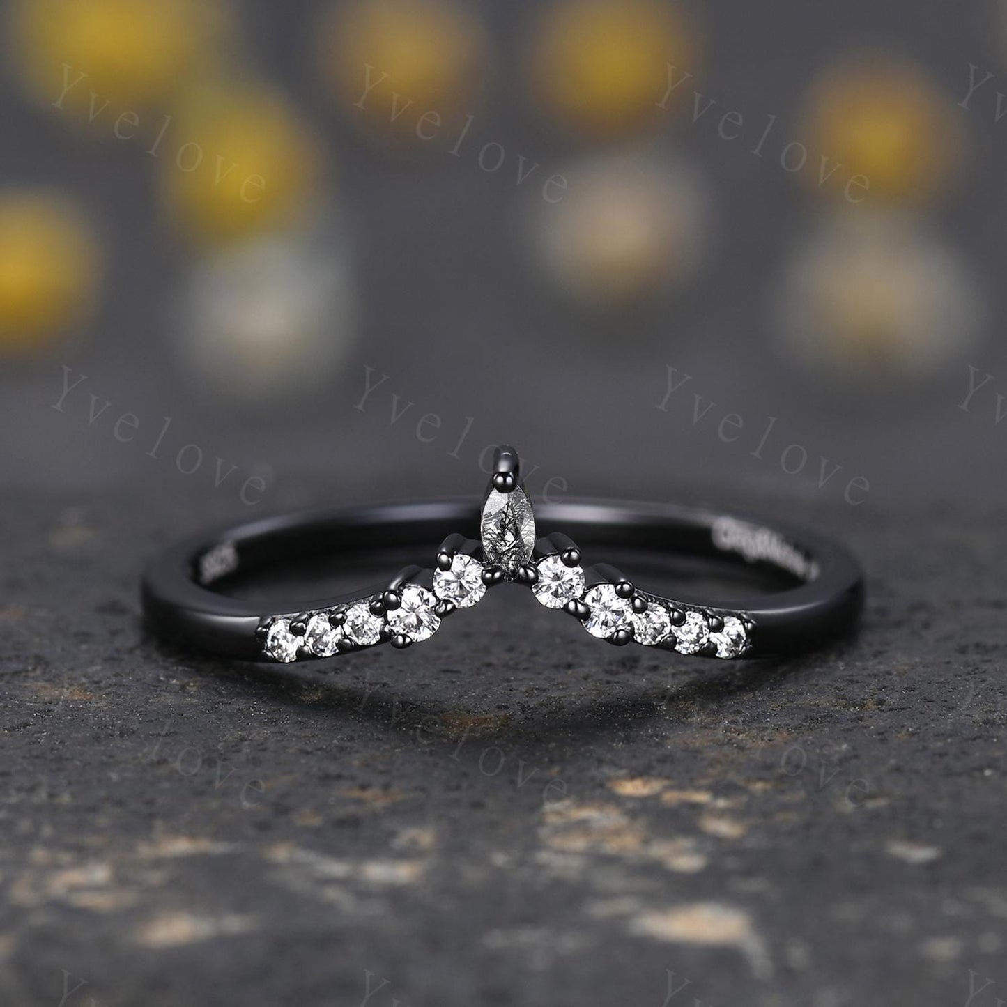 Dainty black rutilated quartz wedding ring silver black gold wedding band Moissanite V Curved  Stacking matching band Bridal Promise band