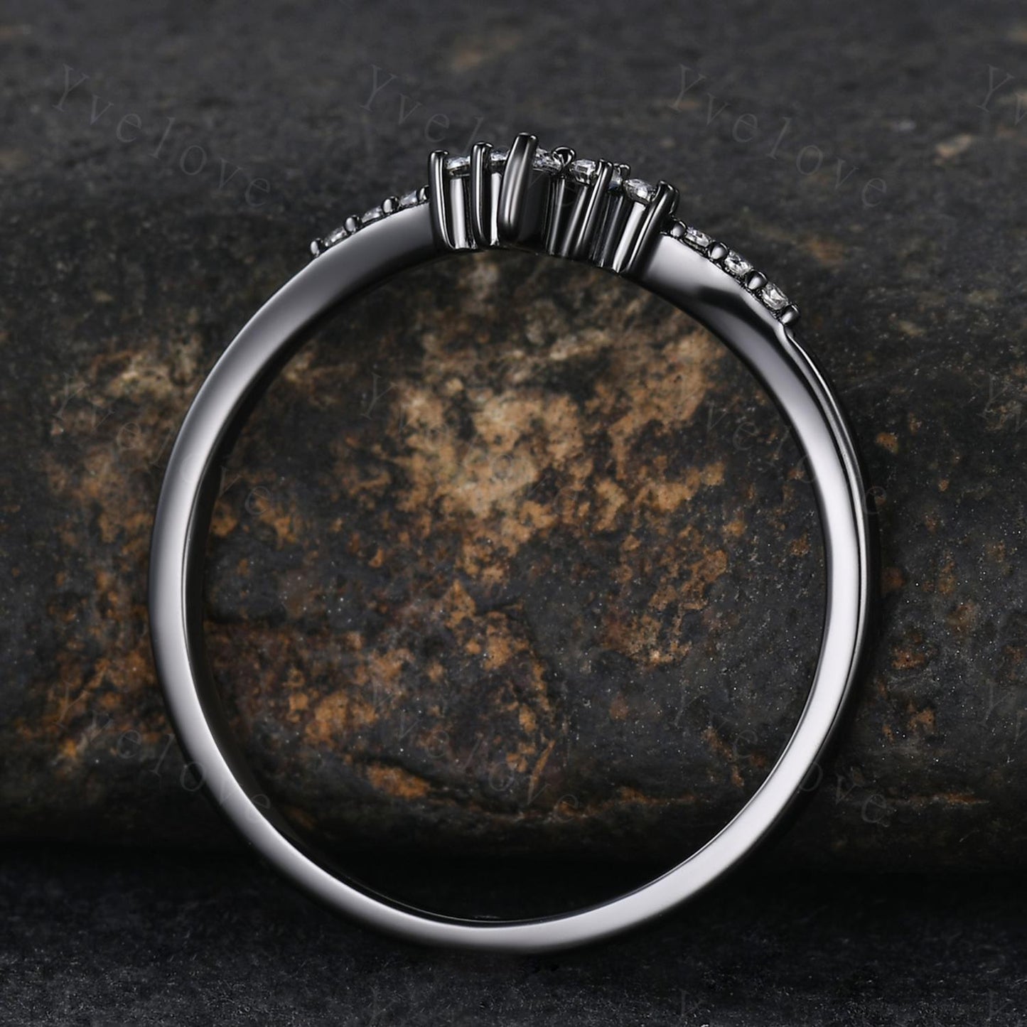 Dainty black rutilated quartz wedding ring silver black gold wedding band Moissanite V Curved  Stacking matching band Bridal Promise band