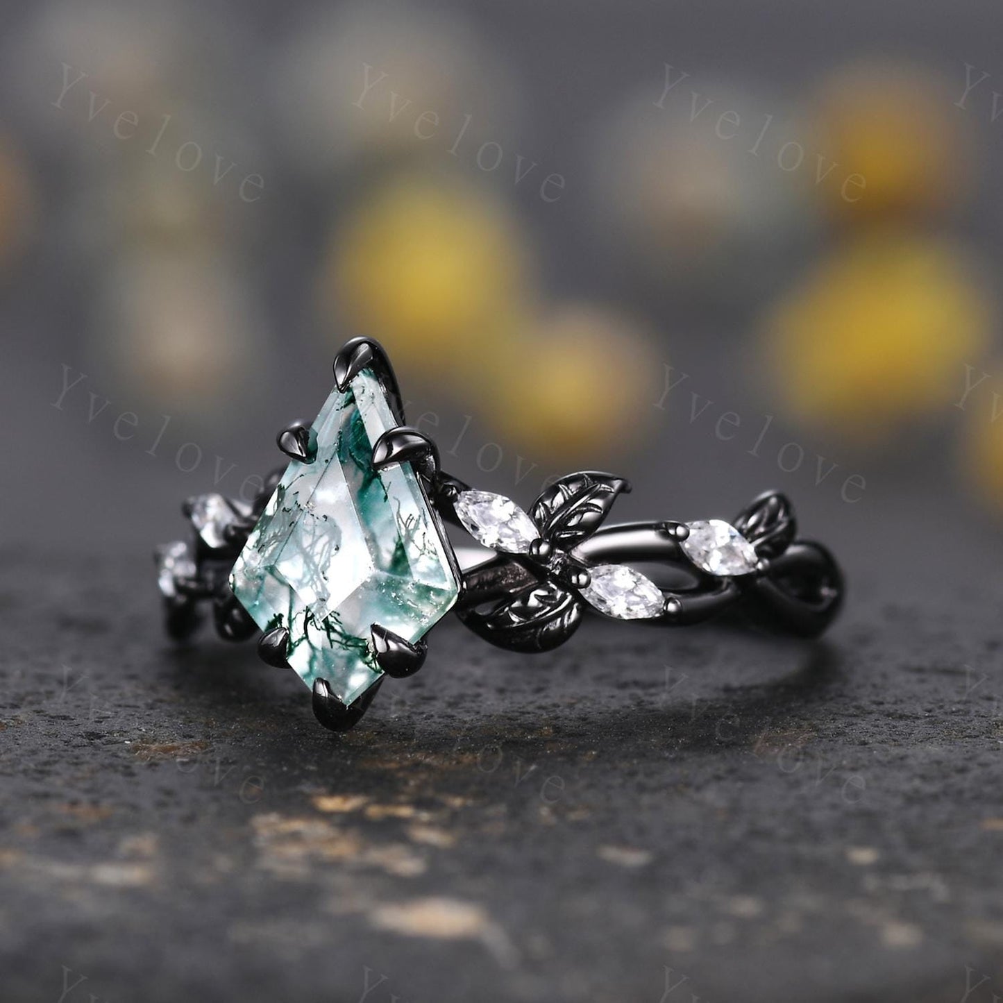 Gothic Kite Cut Moss Agate Ring,Vintage Cluster Vine Leaf Ring,Antique Moissanite Bridal Promise Ring Gift Nature Inspired Black Gold band