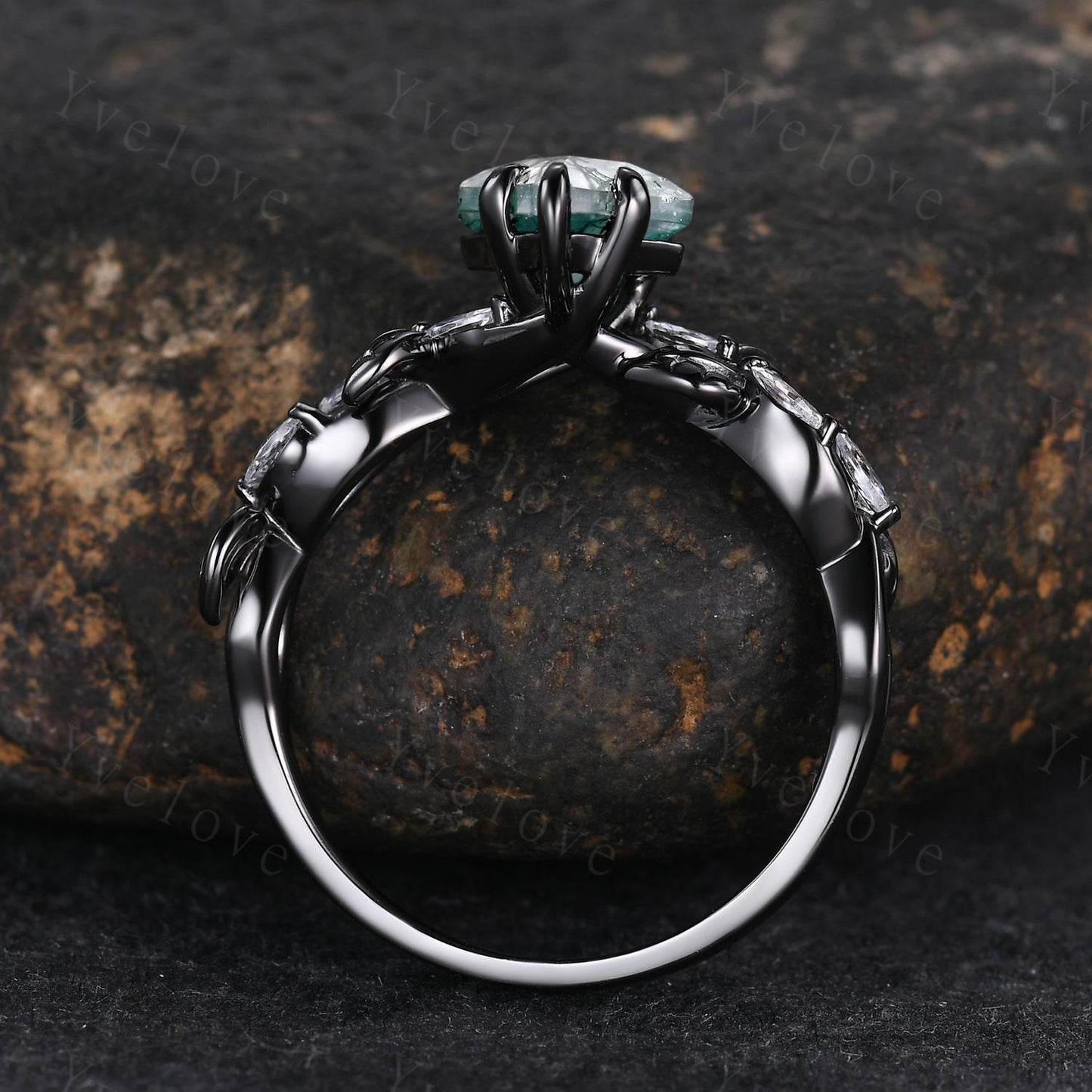Gothic Kite Cut Moss Agate Ring,Vintage Cluster Vine Leaf Ring,Antique Moissanite Bridal Promise Ring Gift Nature Inspired Black Gold band