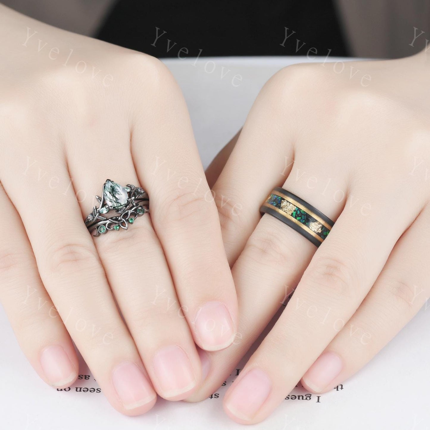Teardrop Green Moss Agate Ring Set,His and Her Wedding Band,Emerald Black Tungsten Ring Matching Nature Couples Ring Black Engagement Ring