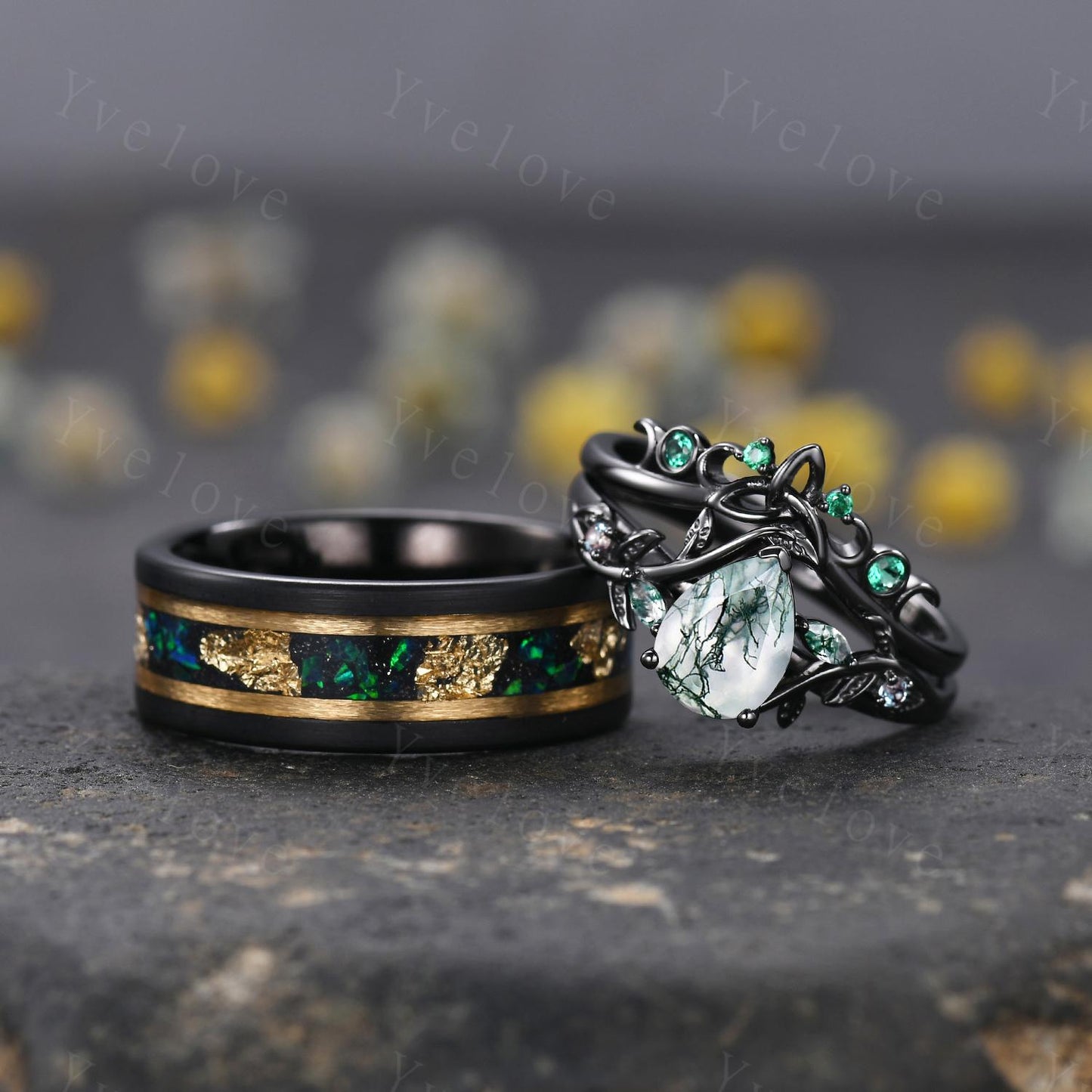 Teardrop Green Moss Agate Ring Set,His and Her Wedding Band,Emerald Black Tungsten Ring Matching Nature Couples Ring Black Engagement Ring