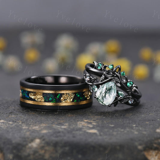 Teardrop Green Moss Agate Ring Set,His and Her Wedding Band,Emerald Black Tungsten Ring Matching Nature Couples Ring Black Engagement Ring