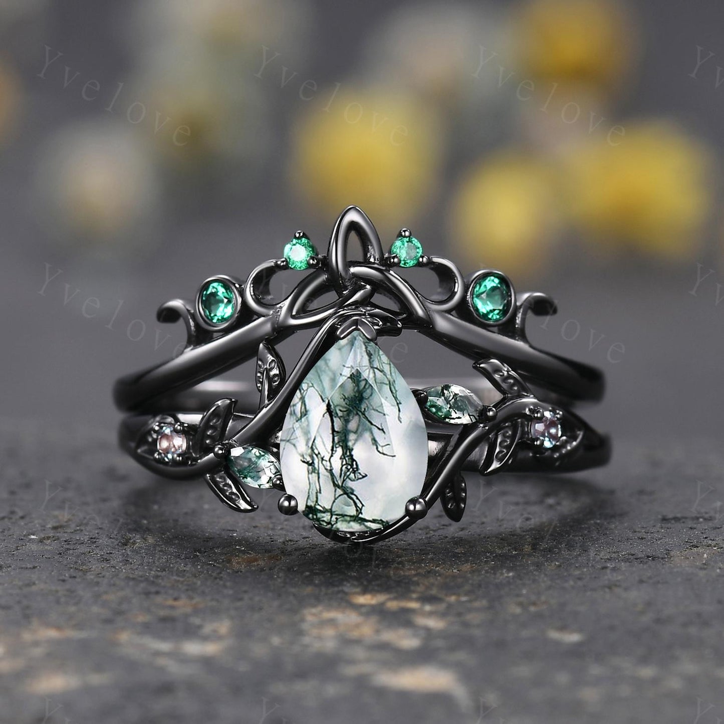 Teardrop Moss Agate Engagement Ring 14K Black Gold Leaf Nature Inspired Bridal Ring Promise Ring Green Gemstone Ring Jewelry Gifts For Her