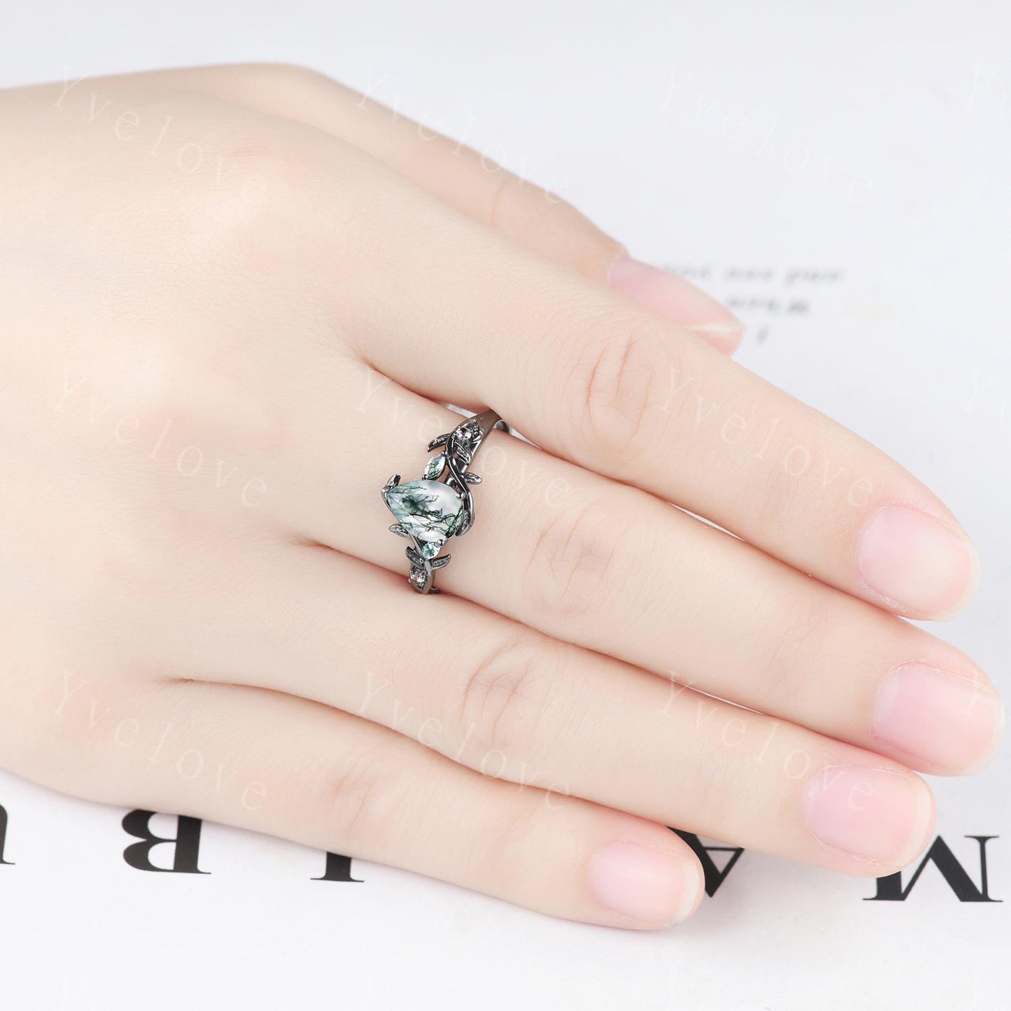 Teardrop Moss Agate Engagement Ring 14K Black Gold Leaf Nature Inspired Bridal Ring Promise Ring Green Gemstone Ring Jewelry Gifts For Her