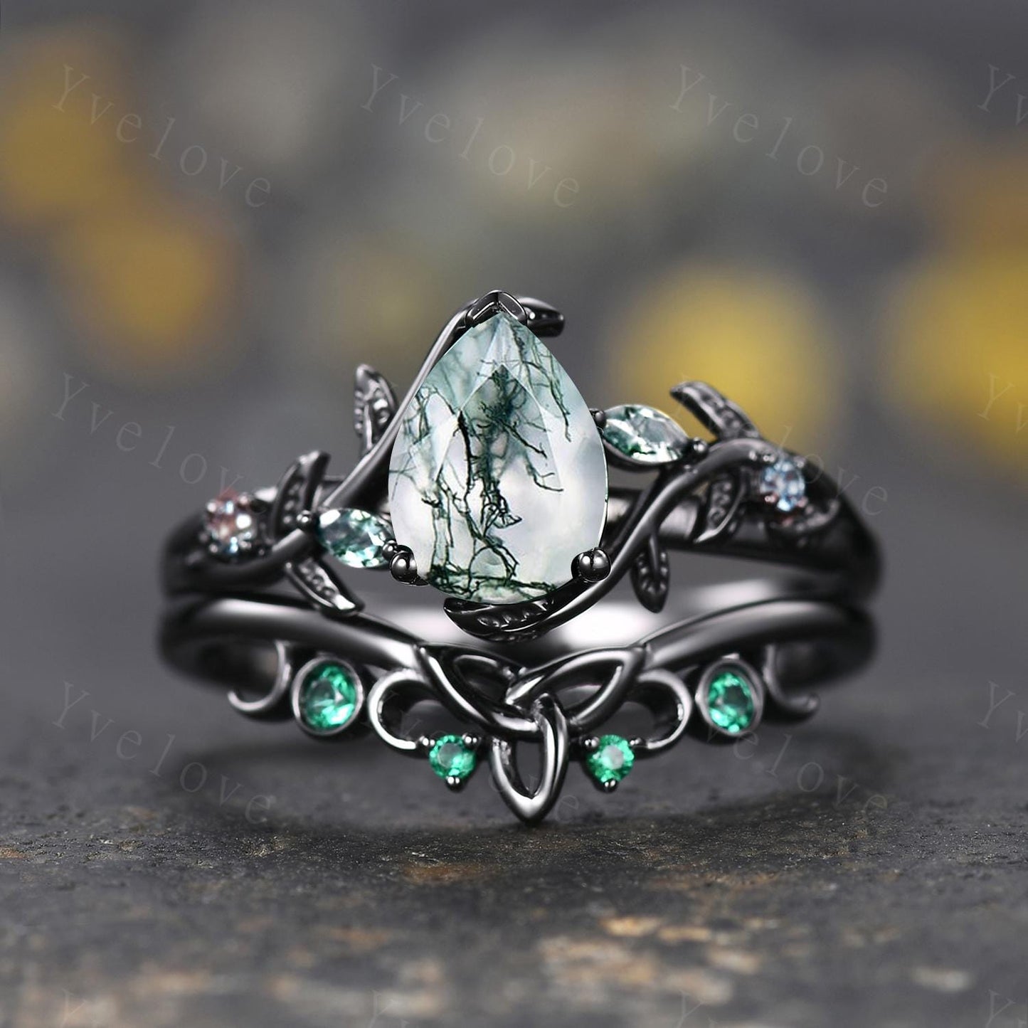 Teardrop Moss Agate Engagement ring 14K Black Gold Leaf Nature Inspired Bridal Sets Promise Ring Green Gemstone Ring Jewelry gifts for her