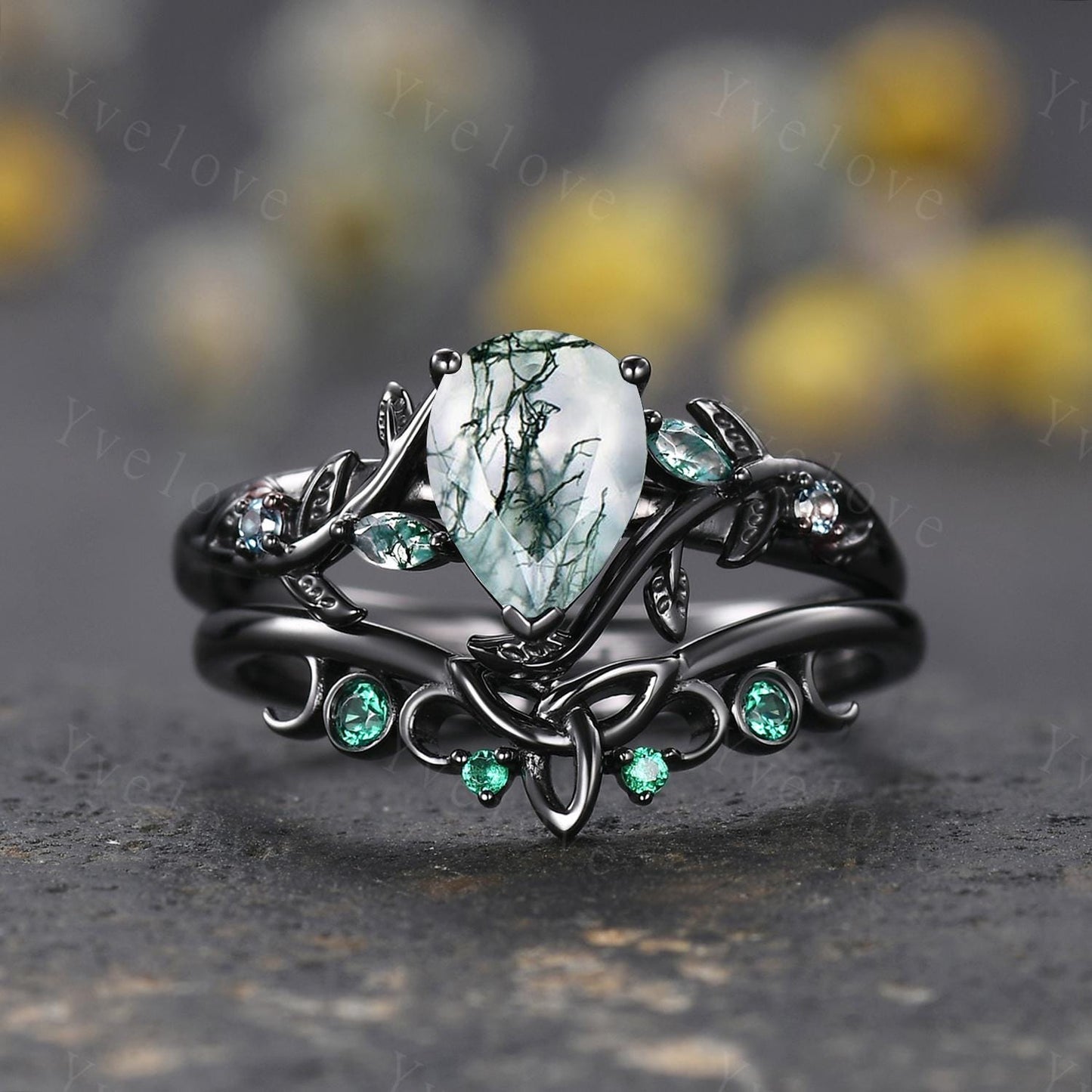 Teardrop Moss Agate Engagement ring 14K Black Gold Leaf Nature Inspired Bridal Sets Promise Ring Green Gemstone Ring Jewelry gifts for her
