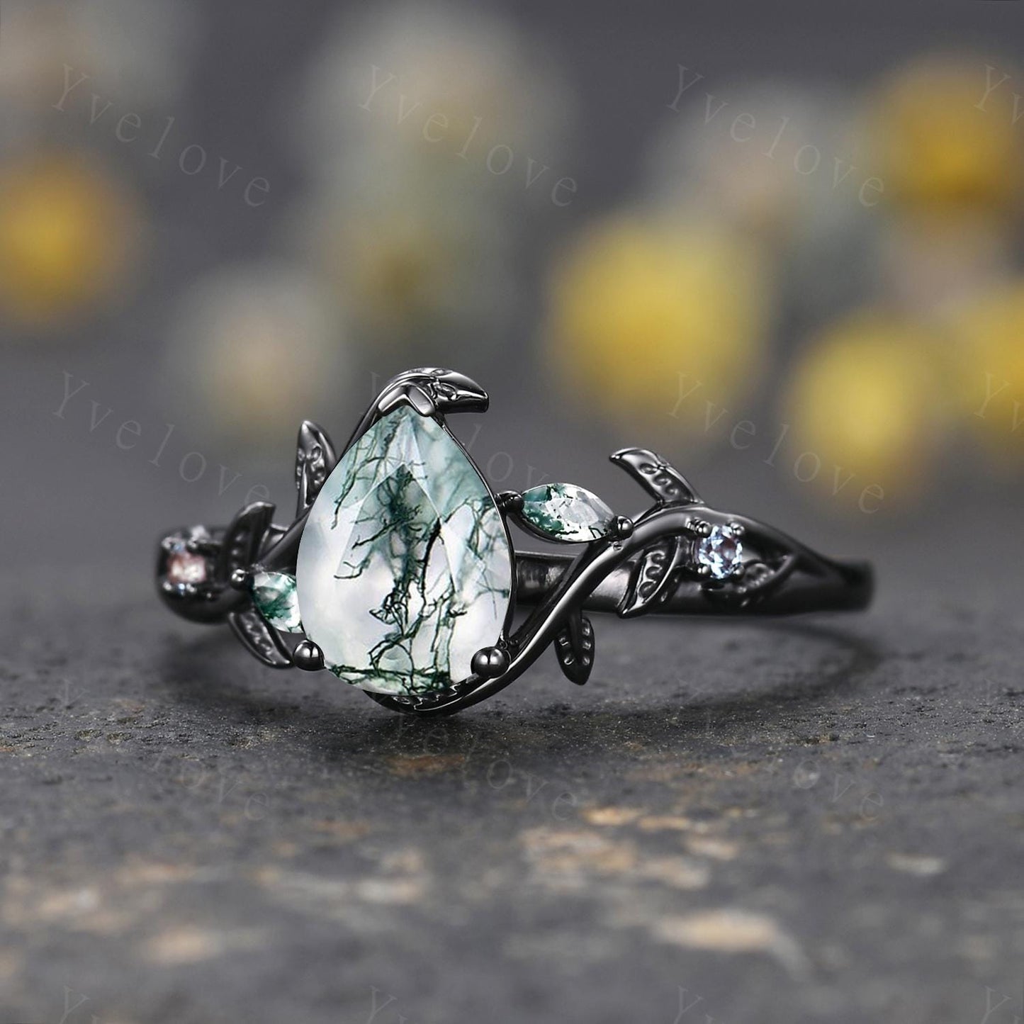 Teardrop Moss Agate Engagement Ring 14K Black Gold Leaf Nature Inspired Bridal Ring Promise Ring Green Gemstone Ring Jewelry Gifts For Her
