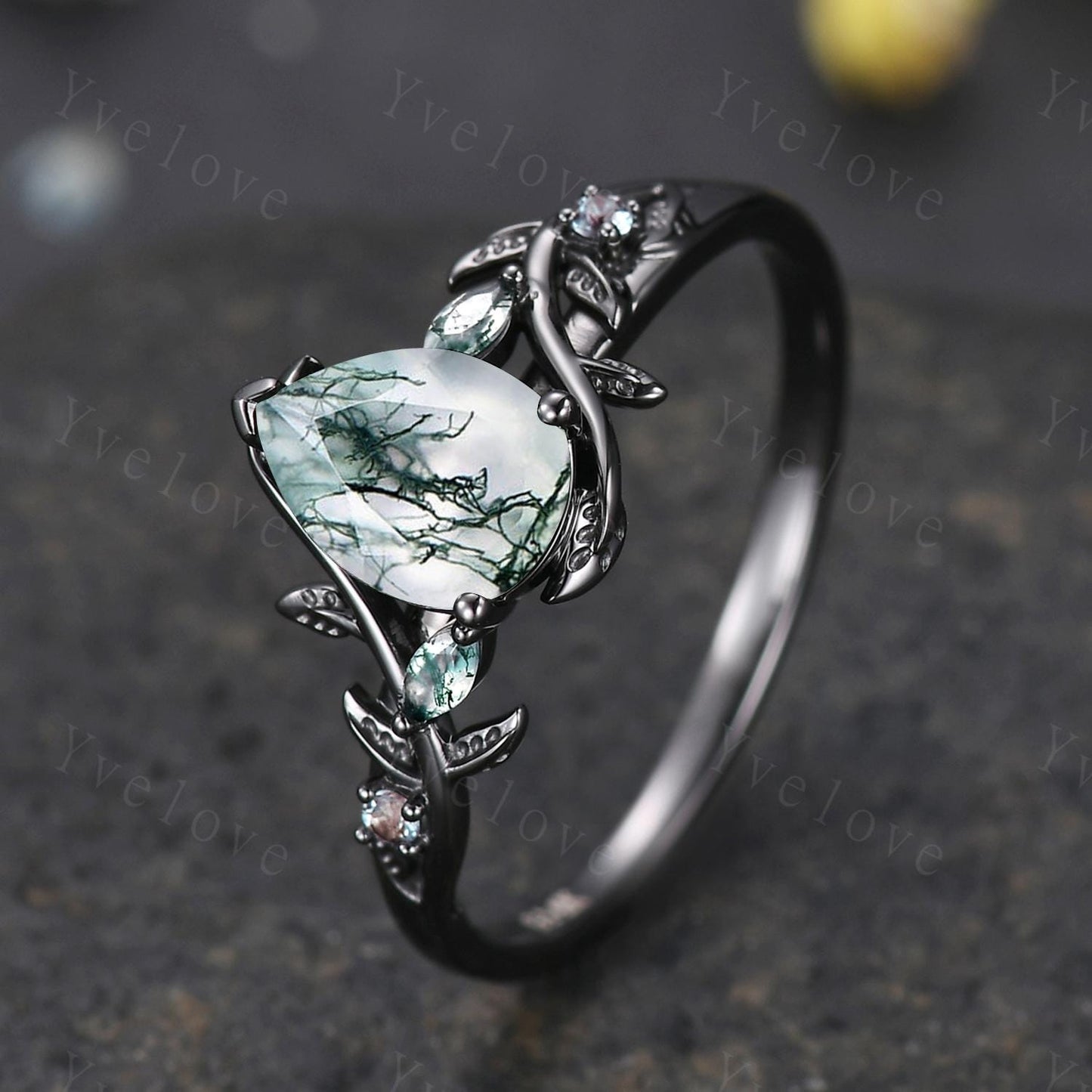 Teardrop Moss Agate Engagement Ring 14K Black Gold Leaf Nature Inspired Bridal Ring Promise Ring Green Gemstone Ring Jewelry Gifts For Her