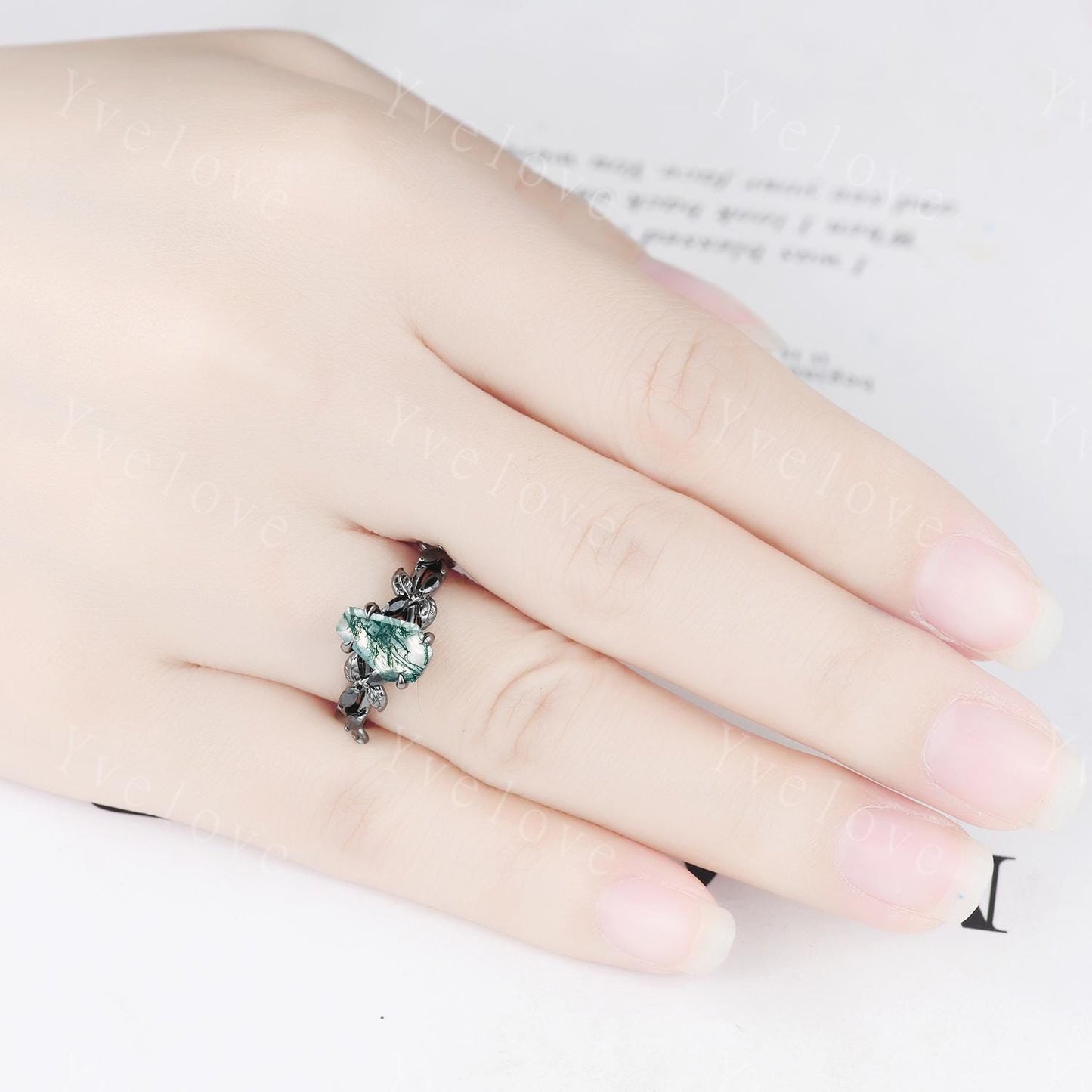 Coffin Shape Moss Agate Ring,Vintage Twig Vine Leaf Ring,Antique Green Agate Bridal Promise Ring Set Nature Inspired Black Gold band