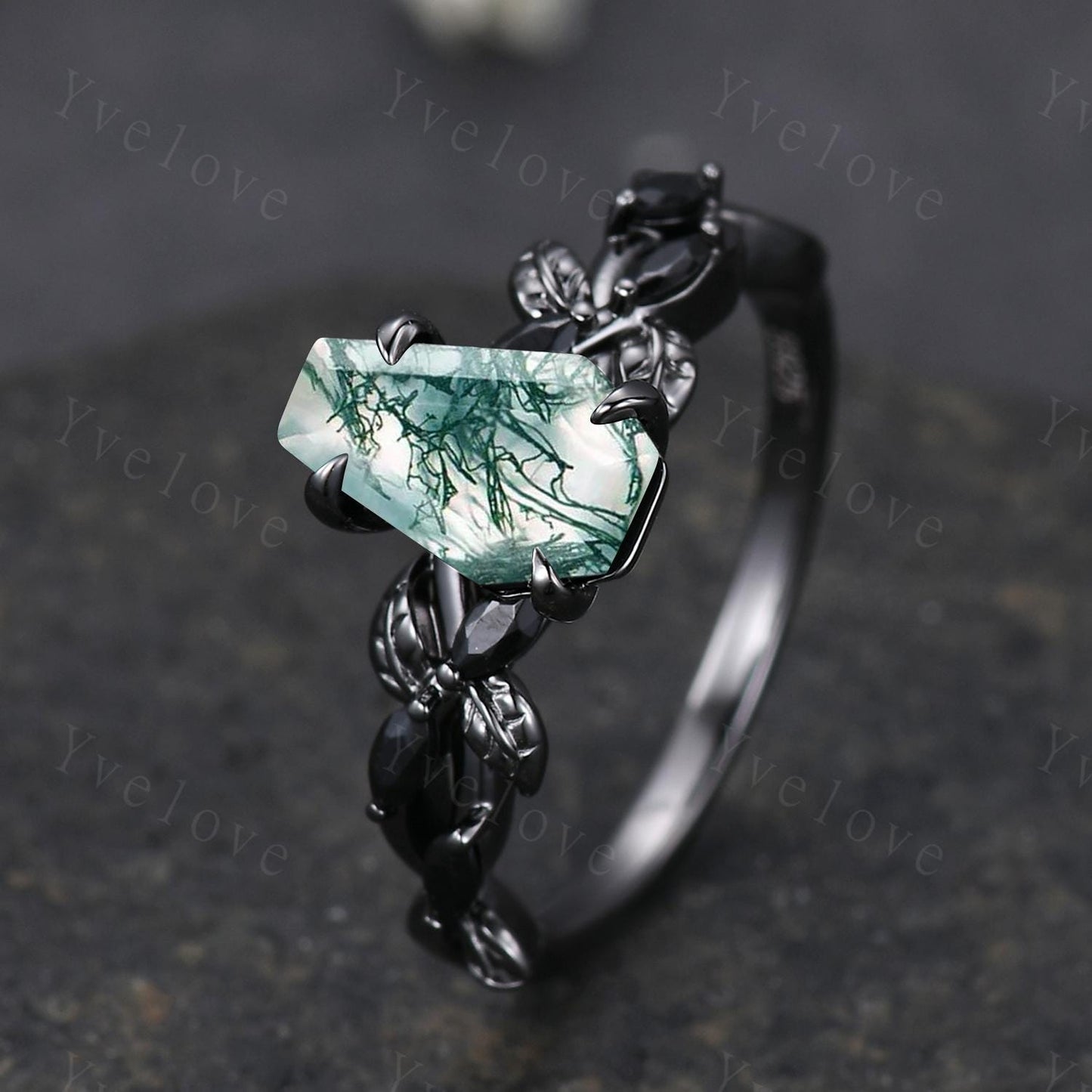 Coffin Shape Moss Agate Ring,Vintage Twig Vine Leaf Ring,Antique Green Agate Bridal Promise Ring Set Nature Inspired Black Gold band