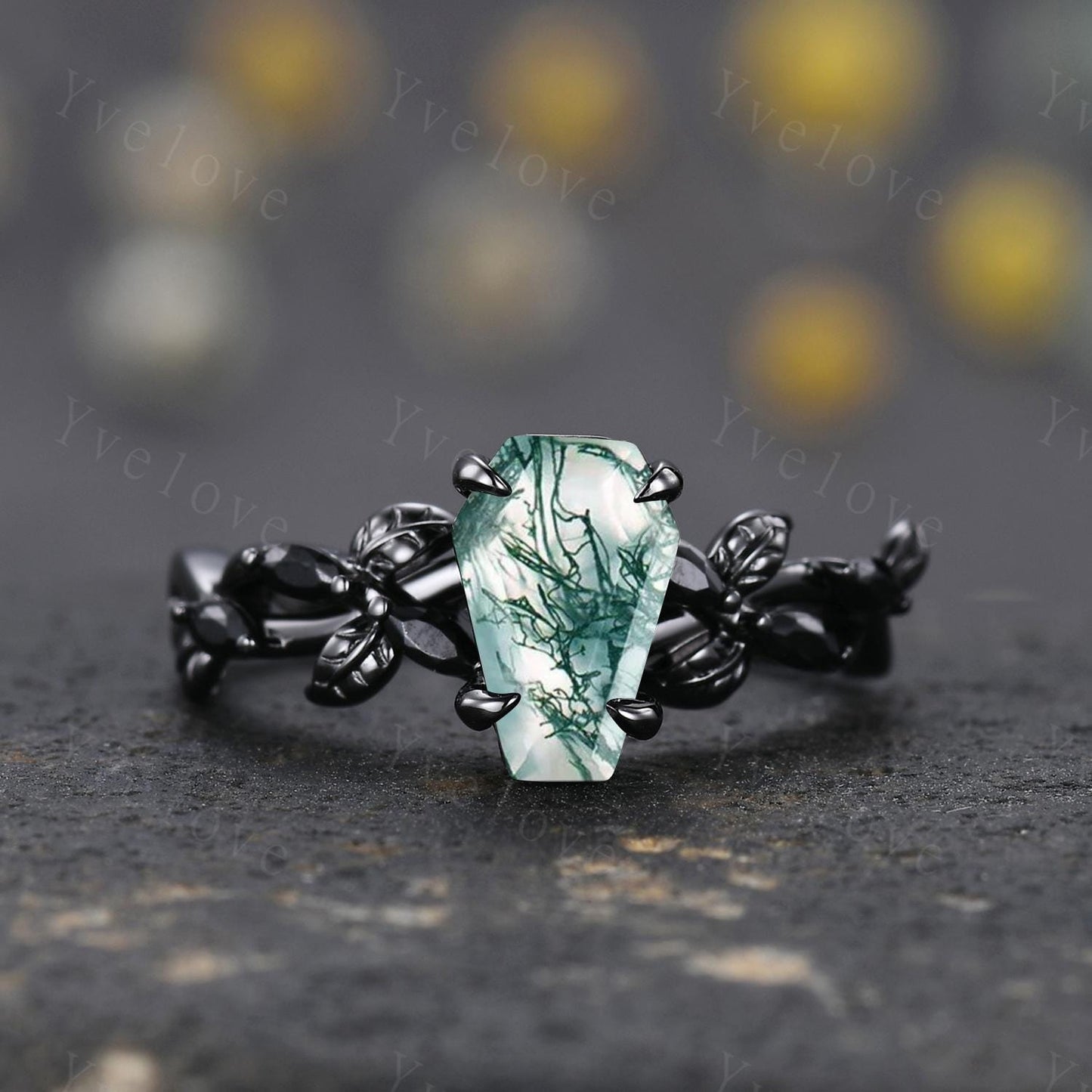 Coffin Shape Moss Agate Ring,Vintage Twig Vine Leaf Ring,Antique Green Agate Bridal Promise Ring Set Nature Inspired Black Gold band