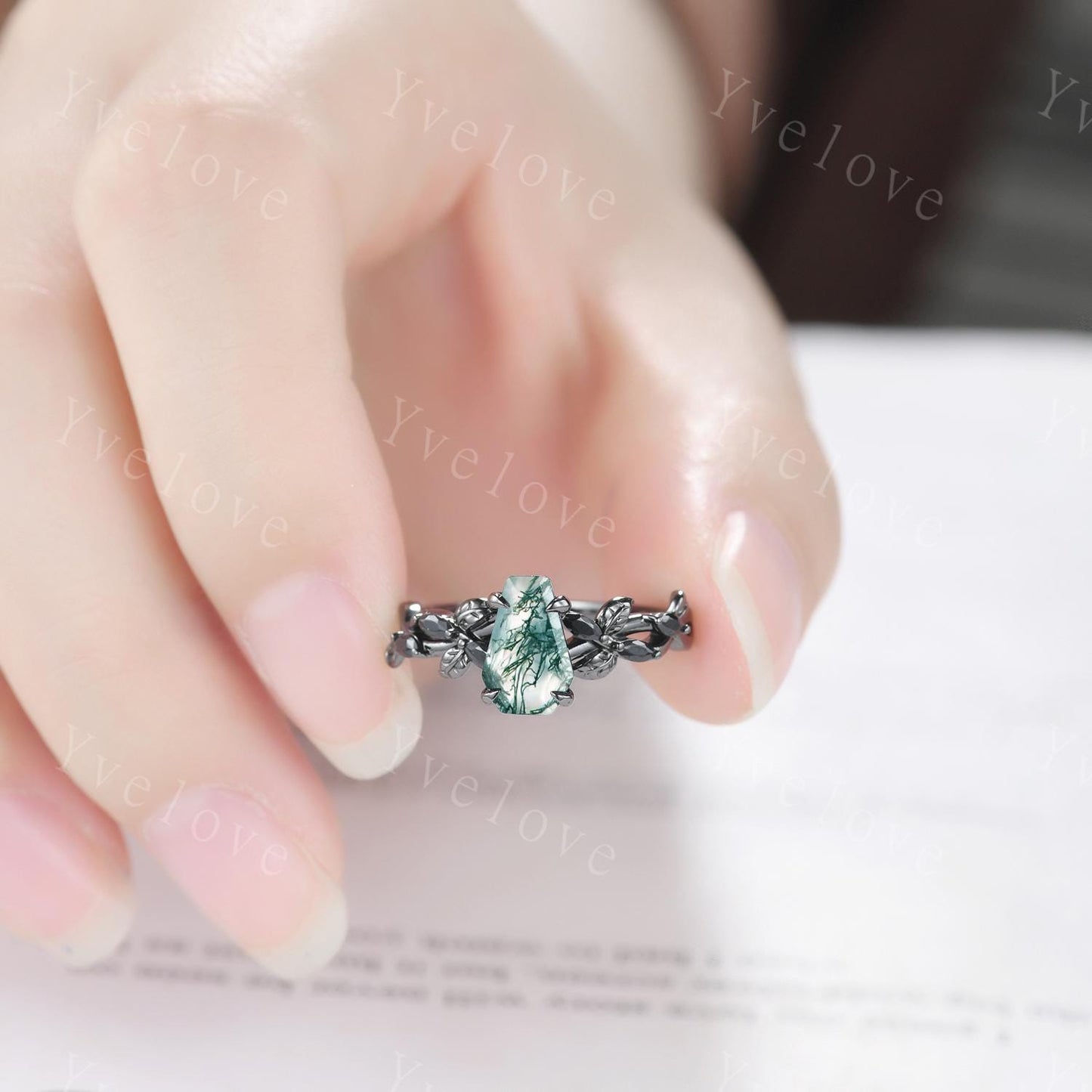 Coffin Shape Moss Agate Ring,Vintage Twig Vine Leaf Ring,Antique Green Agate Bridal Promise Ring Set Nature Inspired Black Gold band