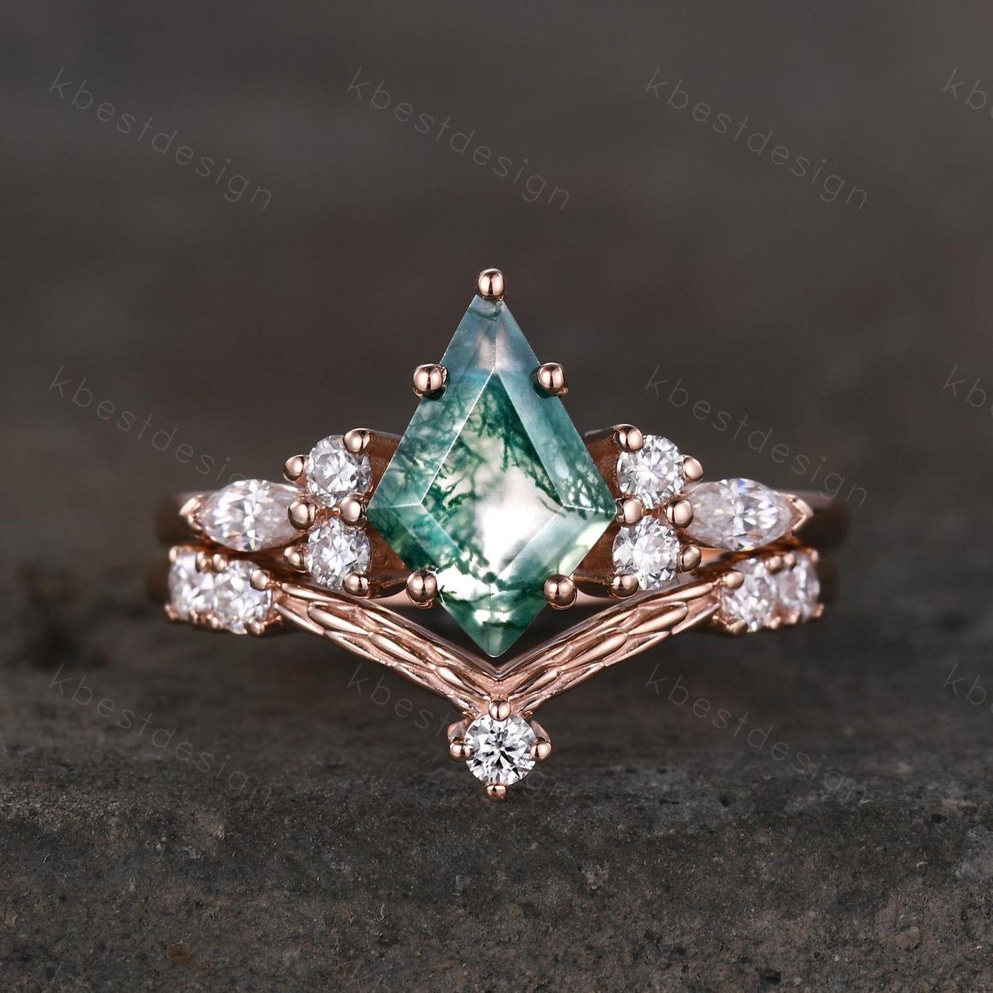 Vintage moss agate engagement ring set rose gold cluster moissanite ring for women curved stacking matching bands Promise anniversary ring