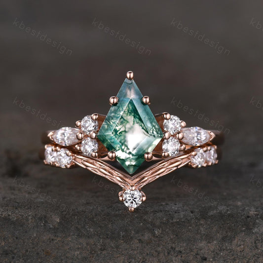 Vintage moss agate engagement ring set rose gold cluster moissanite ring for women curved stacking matching bands Promise anniversary ring