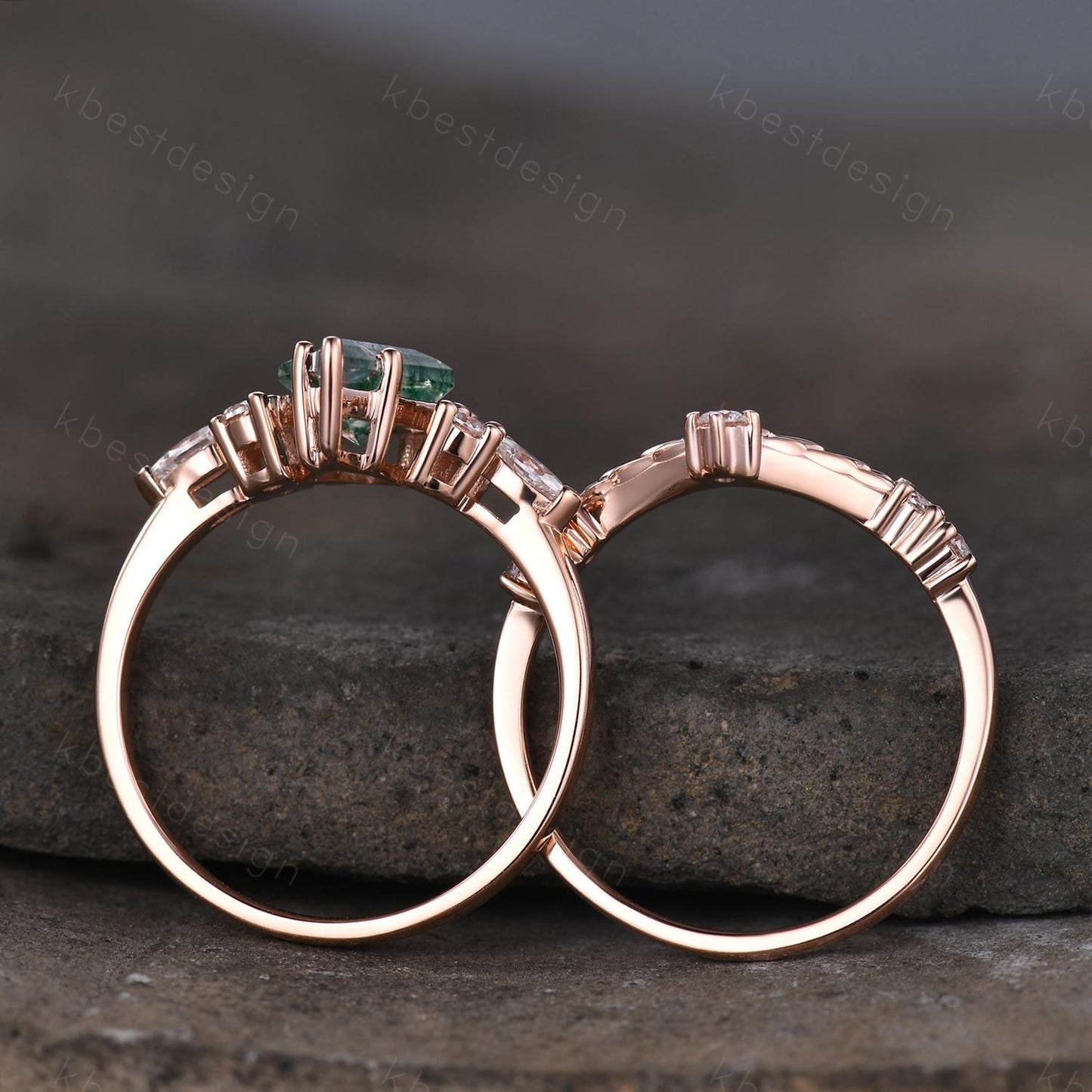 Vintage moss agate engagement ring set rose gold cluster moissanite ring for women curved stacking matching bands Promise anniversary ring