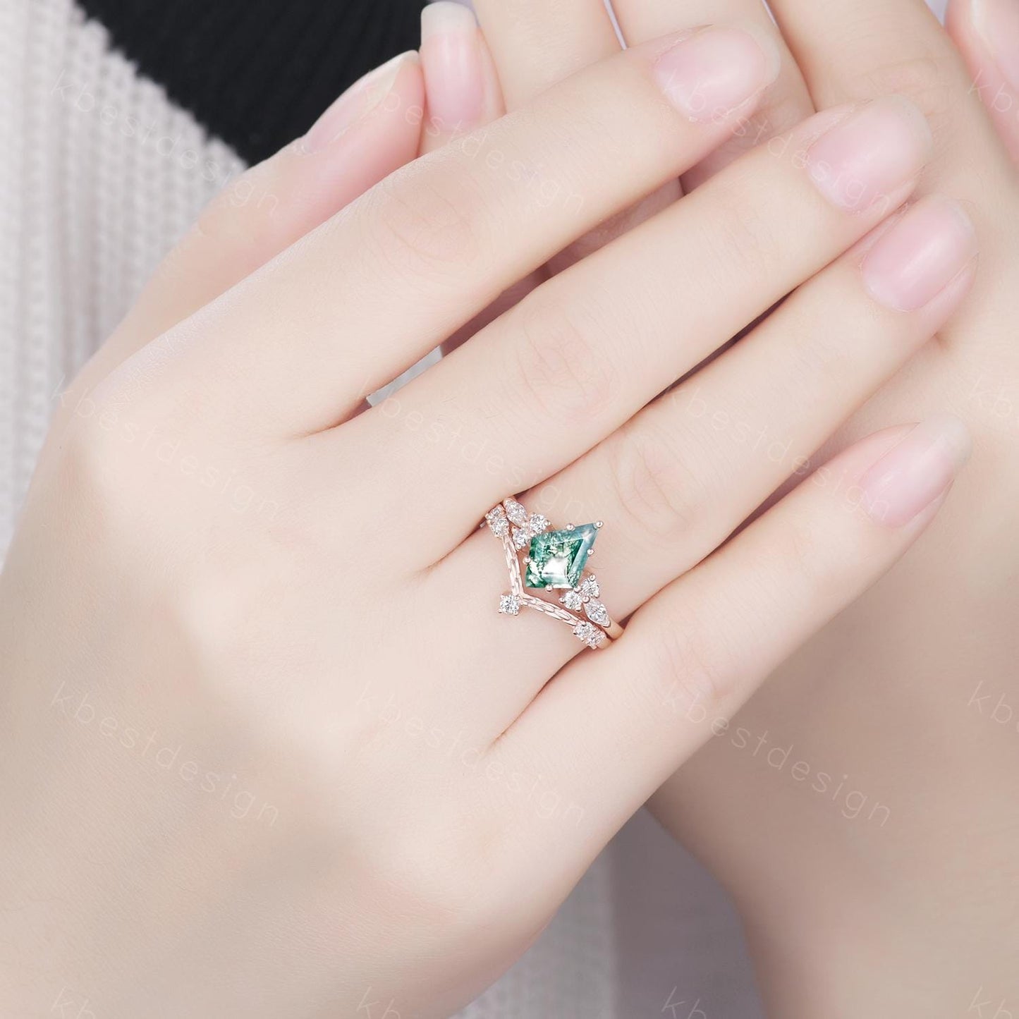 Vintage moss agate engagement ring set rose gold cluster moissanite ring for women curved stacking matching bands Promise anniversary ring