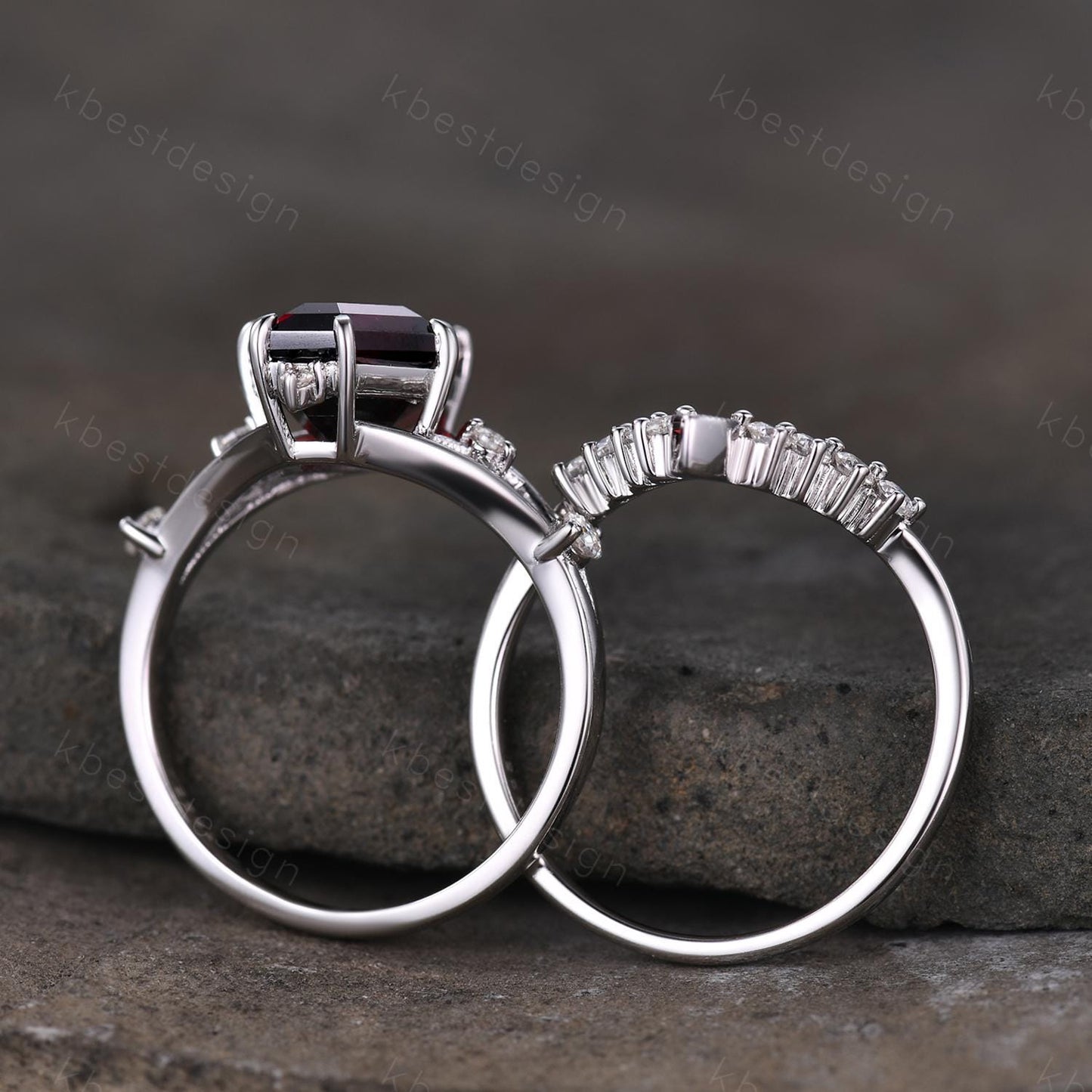 12x8mm Coffin cut Garnet Ring Unique Statement Ring Art Deco Engagement Ring Set Curved Moissanite Stacking Band Promise Bridal Ring