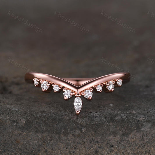Vintage Curved Moissanite Wedding Band Rose Gold Stacking Band Unique Matching Band for Women Moissanite Jewelry Anniversary Gift