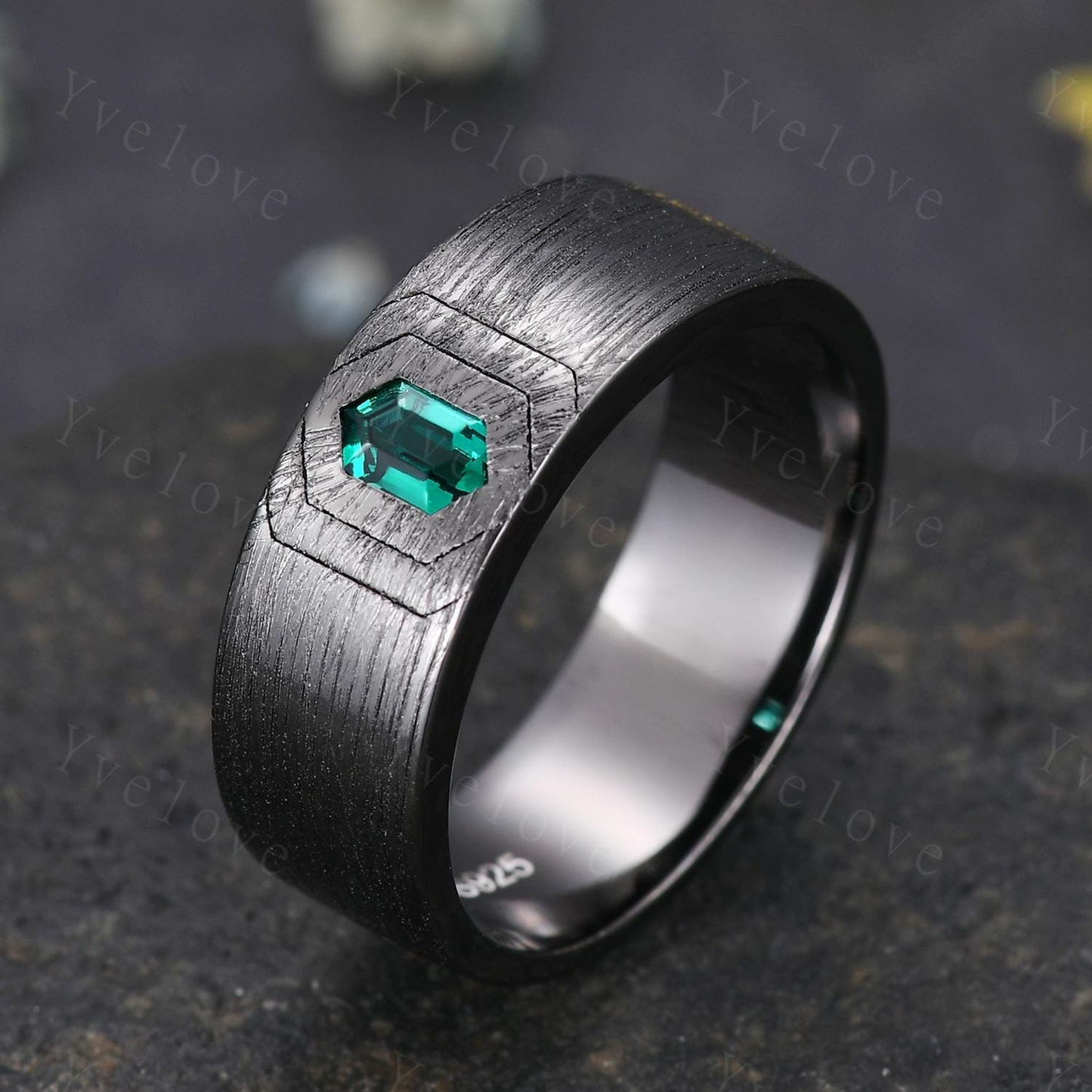 7mm Black Gold Mens Hexagon Emerald Wedding Band Green Emerald Engagement Ring Brush Finished Band Mens Stacking Band Promise Ring Handmade