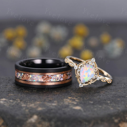 Unique Pear Opal Couples Ring Rose Gold Matching Ring Set His and Hers Wedding Band Mens Opal Ring Couple Promise Ring October Birthstone