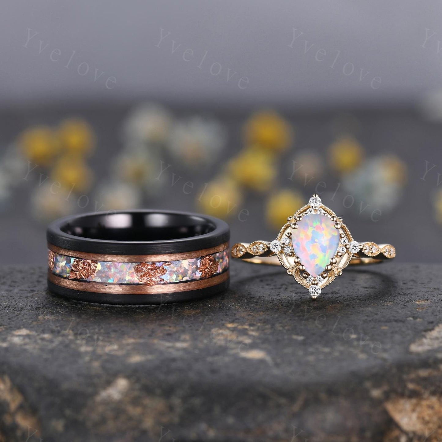 Unique Pear Opal Couples Ring Rose Gold Matching Ring Set His and Hers Wedding Band Mens Opal Ring Couple Promise Ring October Birthstone